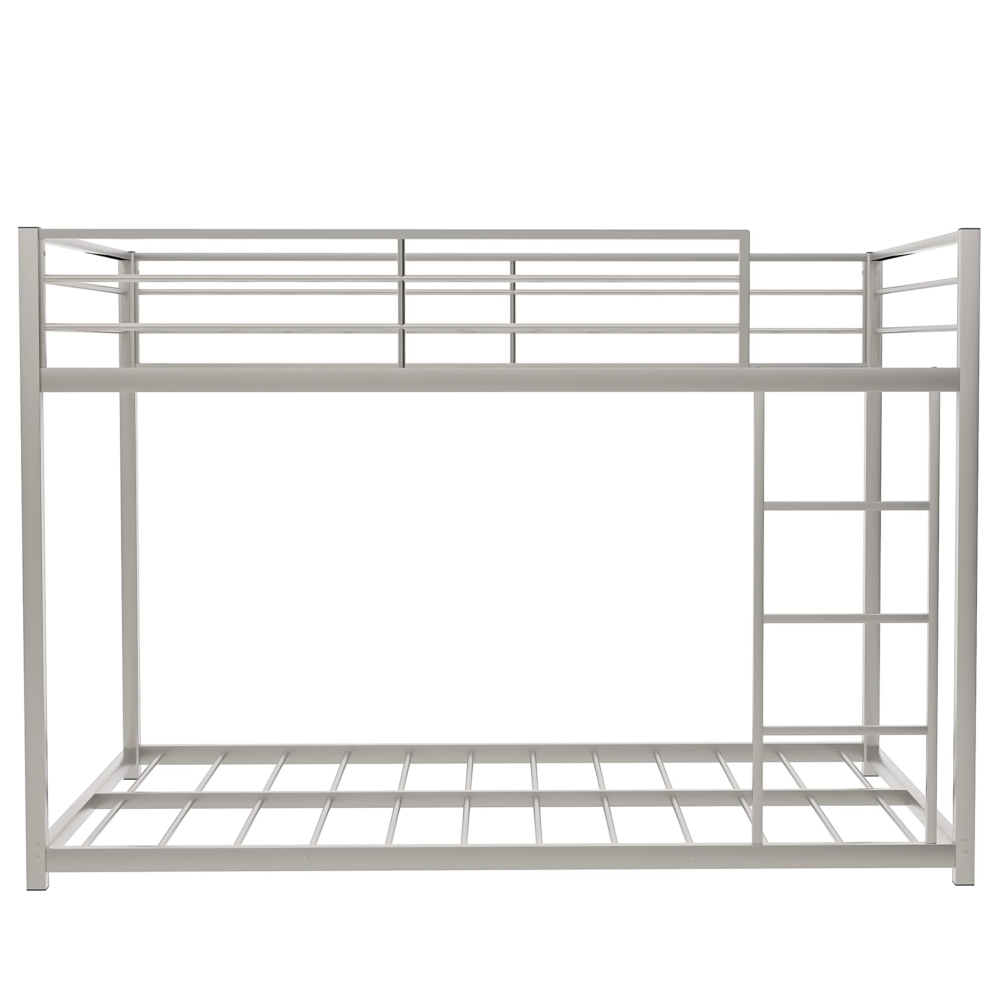 Full Over Full Metal Bunk Bed - Heavy Duty Low Profile Bunk Bed Frame with Safety Guard Rails & Flat Ladder for Kids, Teens, Adults (Silver) | Perfect for Small Bedrooms, Dorms, Guest Rooms & Vacation Homes