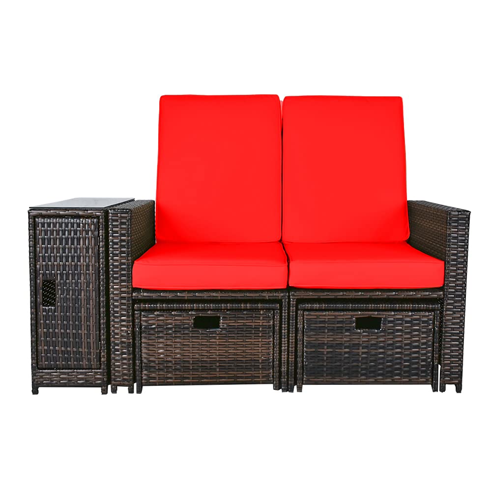 BAIJIAWEI Outdoor Rattan Loveseat Sofa Set with Cushions & Ottoman - Adjustable Wicker Lounge Chair for Patio, Garden, Balcony - Perfect for Relaxing, Sunbathing, and Entertaining Guests