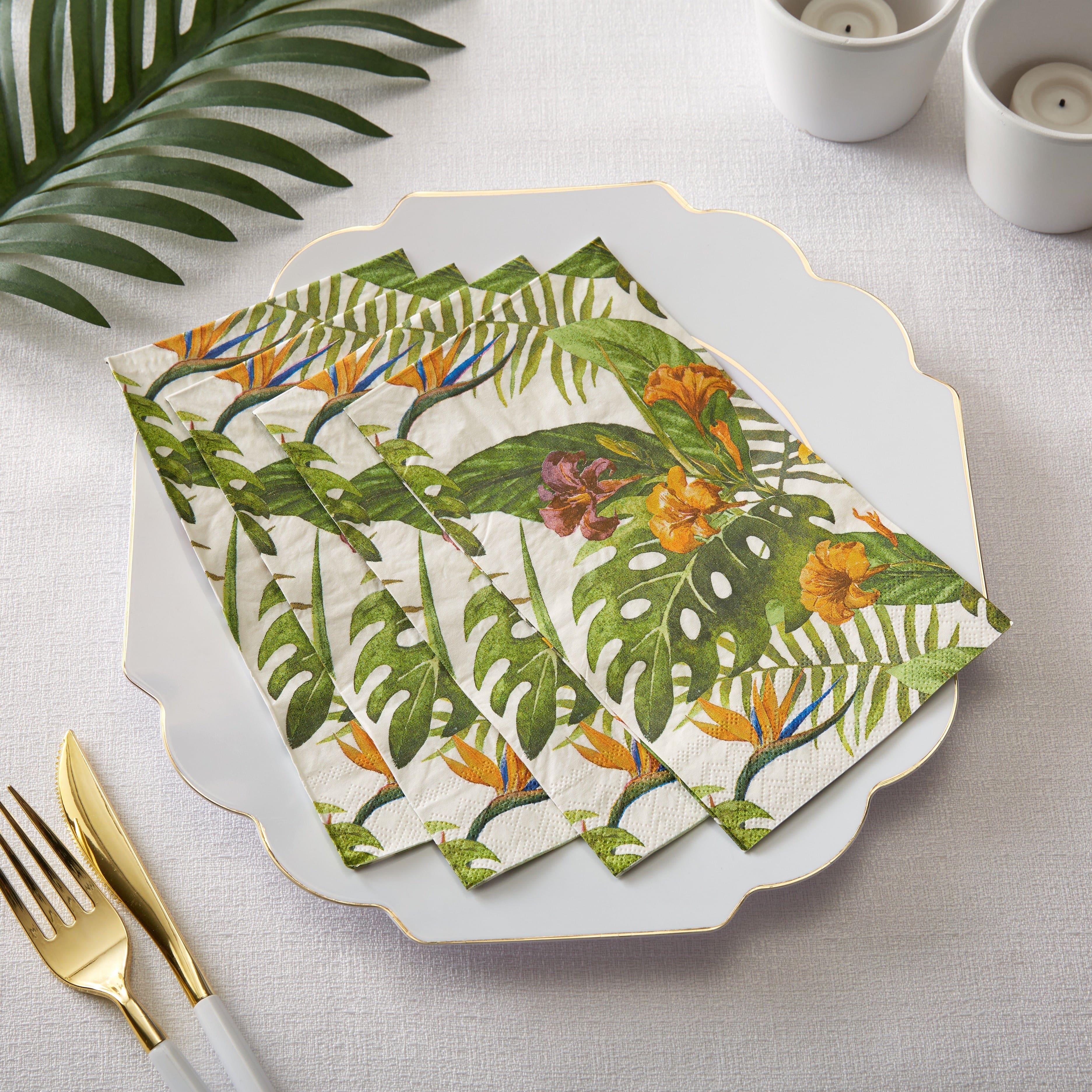 Disposable Paper Buffet Napkins - 40 Pack, Yellow Palm Design - Perfect for Parties, Picnics, and Catering Events