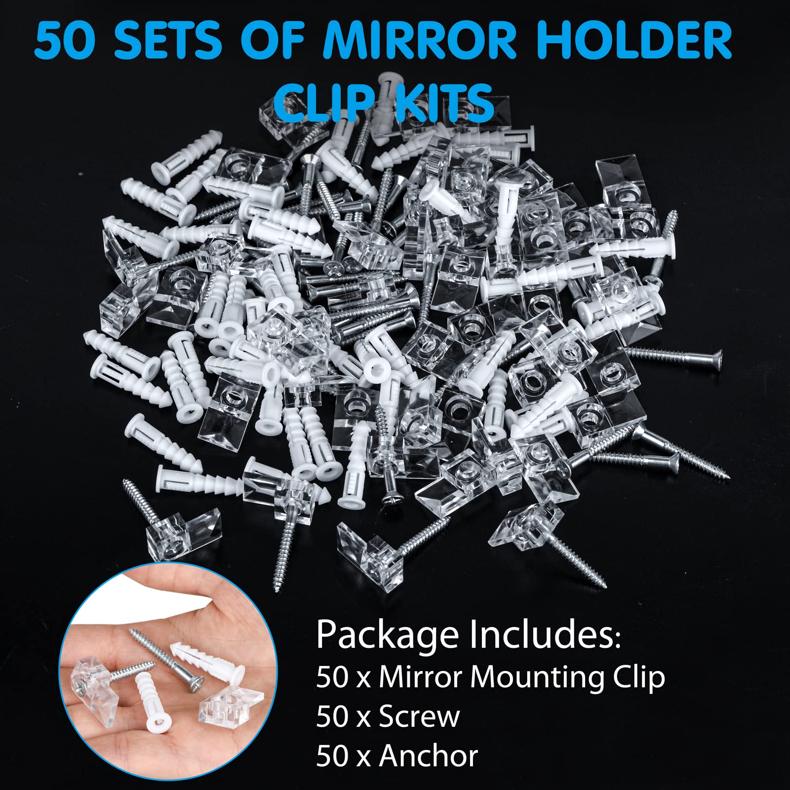 50 Sets Mirror Holder Clips Kit - Clear Plastic Mirror Mounting Clips with Screws for Glass Retainer, Box Door Hanging & Wall Fixing - Perfect for Bathroom, Bedroom, DIY Projects & Home Decor