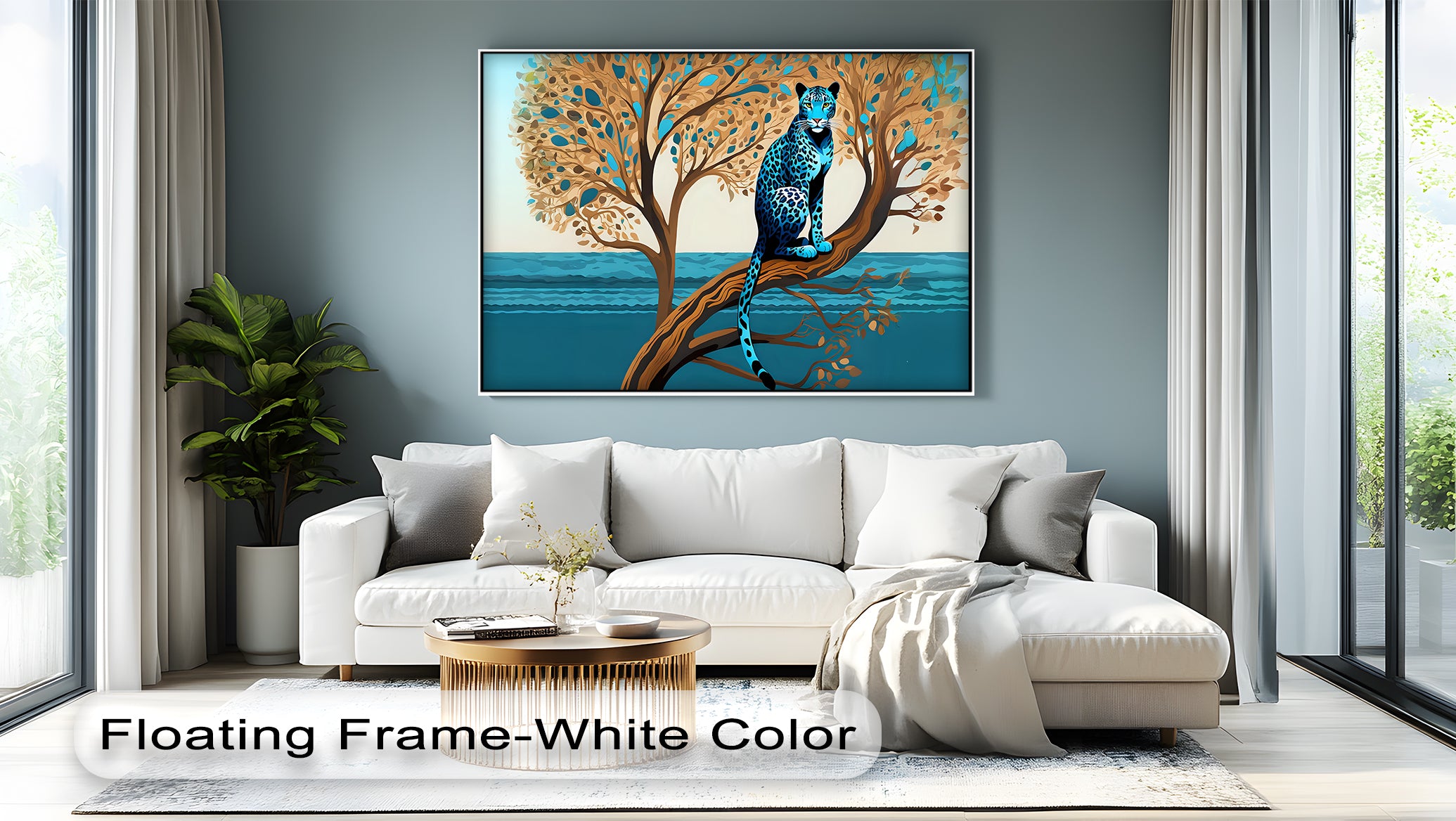Blue Leopard in Tranquil Tree - Modern Jungle Animal Canvas Wall Art Print for Living Room, Bedroom & Office Decor