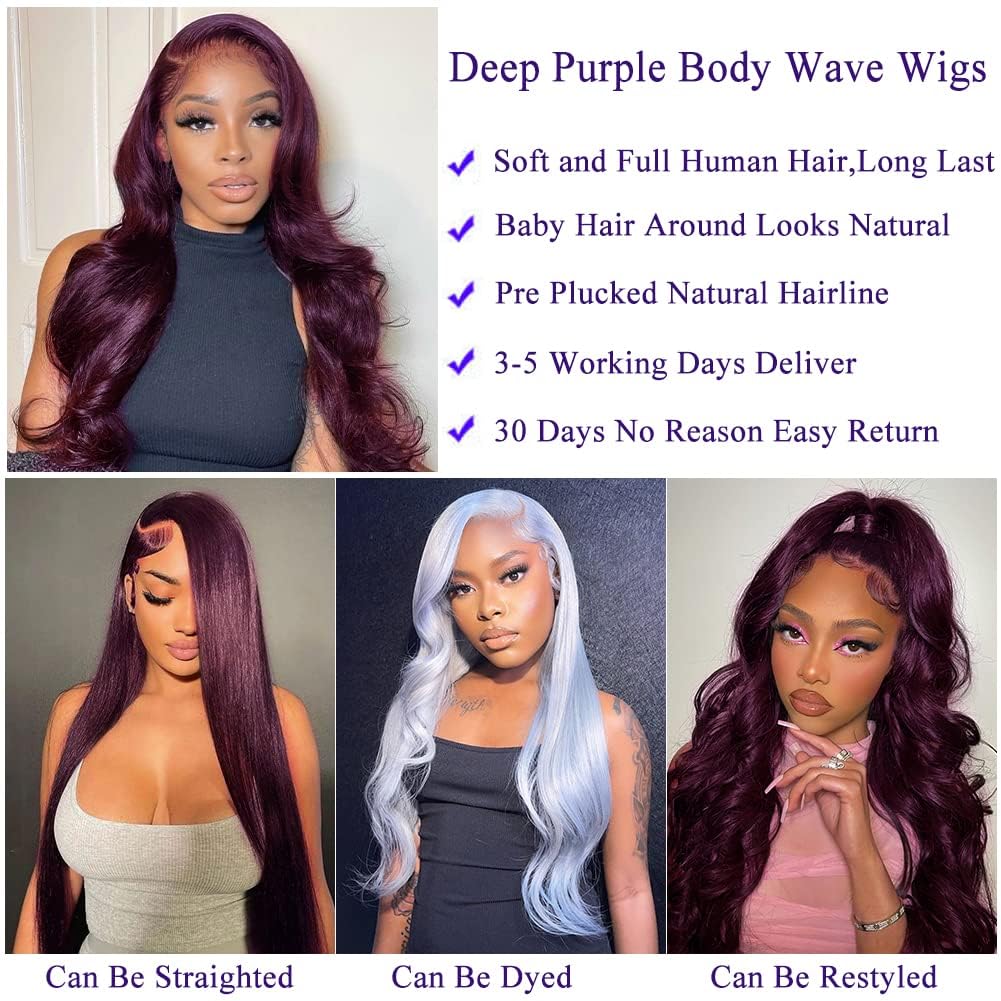 12inch Purple Bob Wig Human Hair Pre Plucked with Baby Hair | 13x4 Dark Burgundy Body Wave Lace Front Wigs | 180% Density Deep Purple Wigs for Black Women | Perfect for Cosplay, Halloween & Daily Fashion