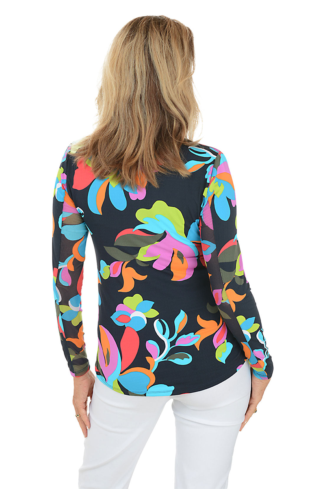 Women's Ruby Floral Print UPF50+ Sun Protection Mock Neck Long Sleeve Shirt - Perfect for Beach, Travel & Outdoor Activities
