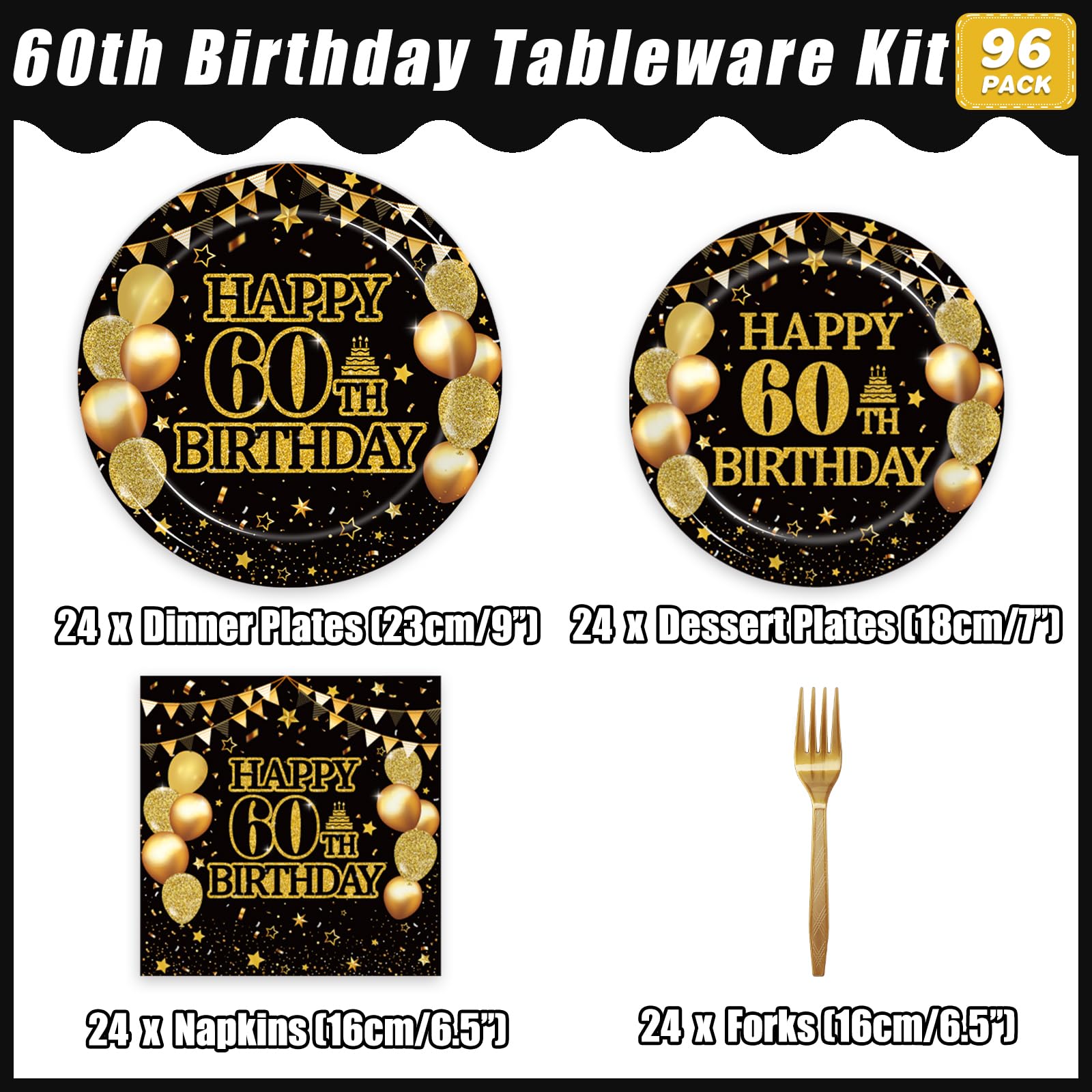 96-Piece 60th Birthday Party Tableware Set - Back in 1965 Themed Decorations for Men & Women | Cheers to 60 Years Disposable Paper Plates, Napkins, Forks & Favors (Serves 24) - Perfect for Milestone Celebrations, Retirement Parties & Golden Anniversary Events