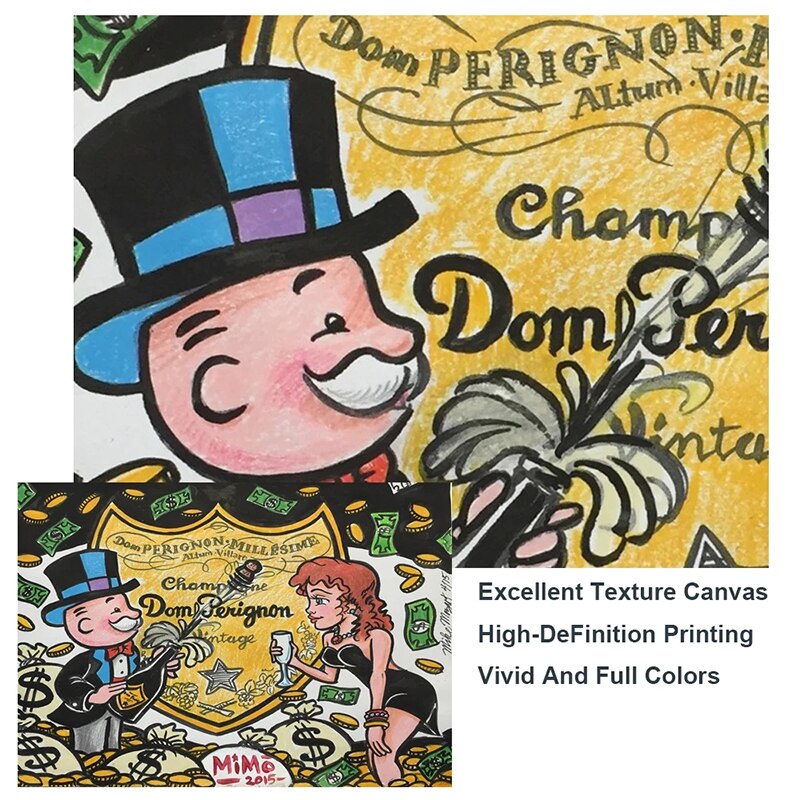 Alec Monopoly Champagne Money Canvas Art Print - Modern Pop Art Wall Decor for Living Room, Bedroom & Office