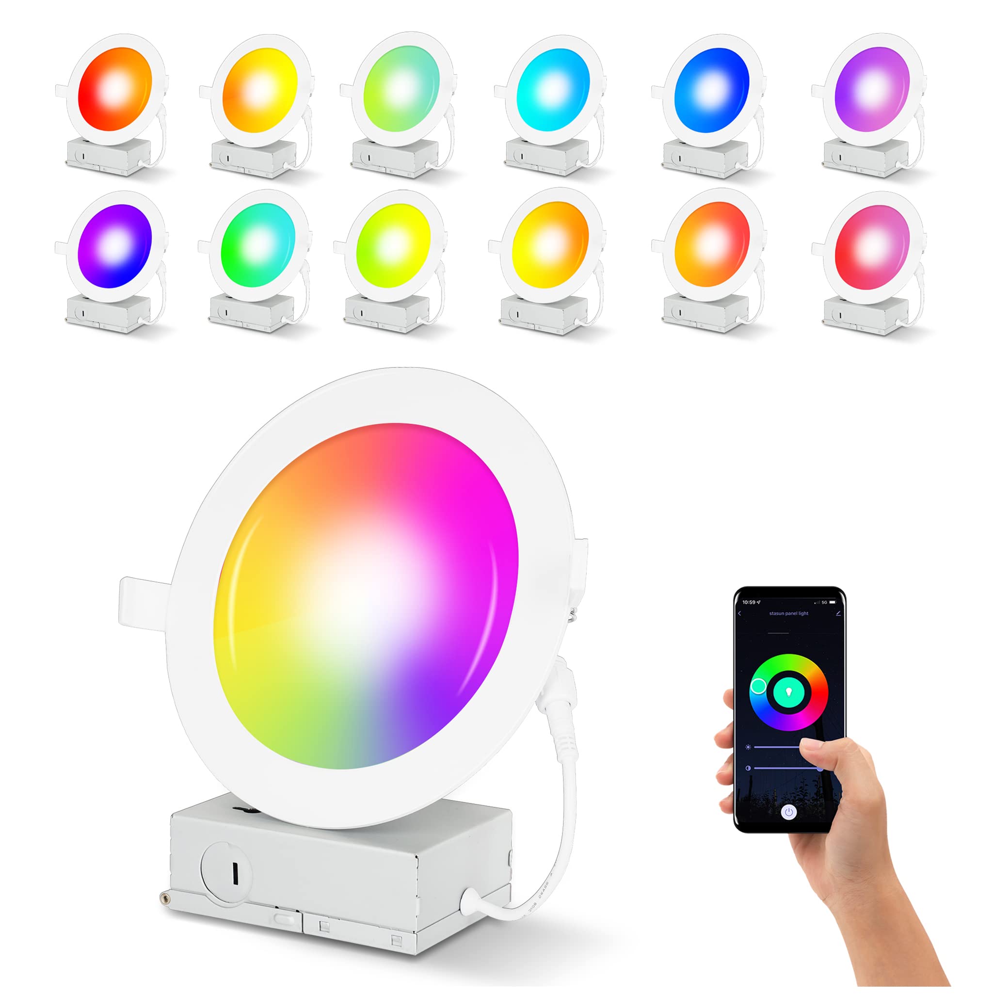 12 Pack 4 Inch Smart LED Recessed Lights - 9W 900LM RGB Color Changing Downlights with Junction Box, Alexa & Google Assistant Compatible - Perfect for Home Theater, Kitchen & Bedroom Lighting