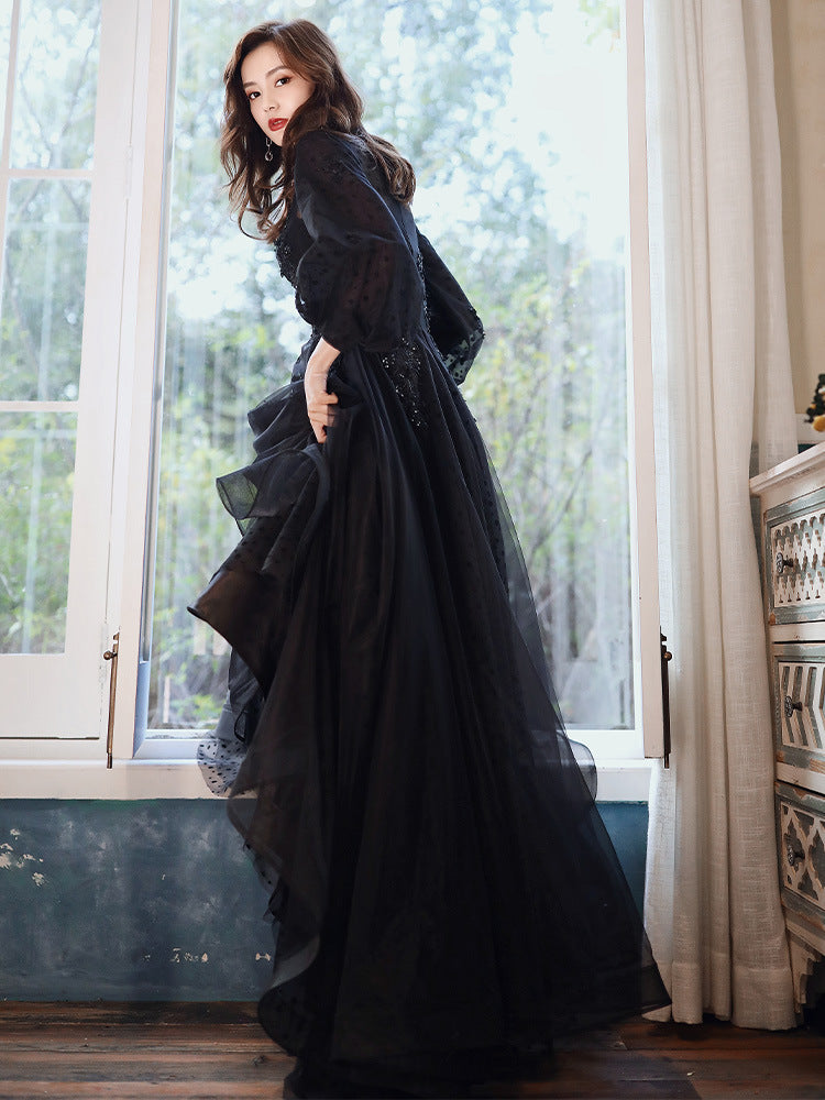 Elegant French Style Black Long Prom Dress with Long Sleeves - Perfect for Evening Parties, Formal Events & Homecoming Dances