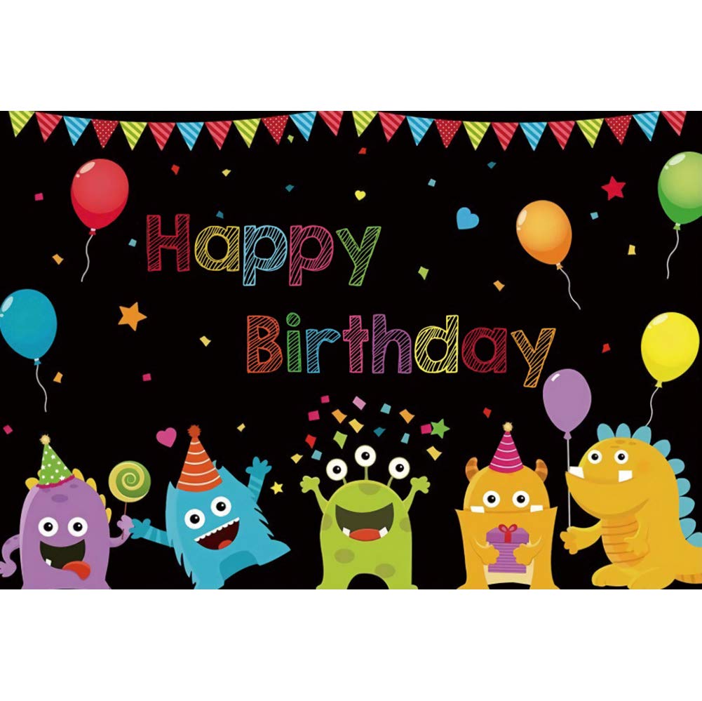 Leyiyi 7x5ft Cartoon Animal Birthday Party Backdrop with Colorful Flags & Balloons - Little Monster Theme Photography Background for Kids Birthday Decorations, Photo Studio Props - Perfect for Birthday Parties, Baby Showers & Family Photo Shoots