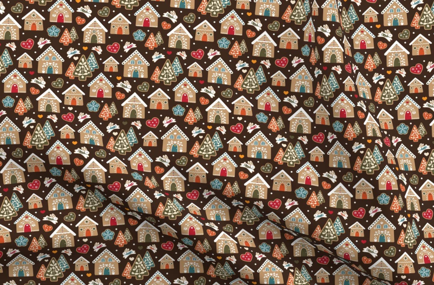 Gingerbread Town Printed Satin Fabric by The Yard - White Green Red Brown Orange Hearts Cookies Design for Sewing, Apparel, Lining, Blankets & Home Decor | Perfect for Christmas Crafts, DIY Projects & Holiday Decorations