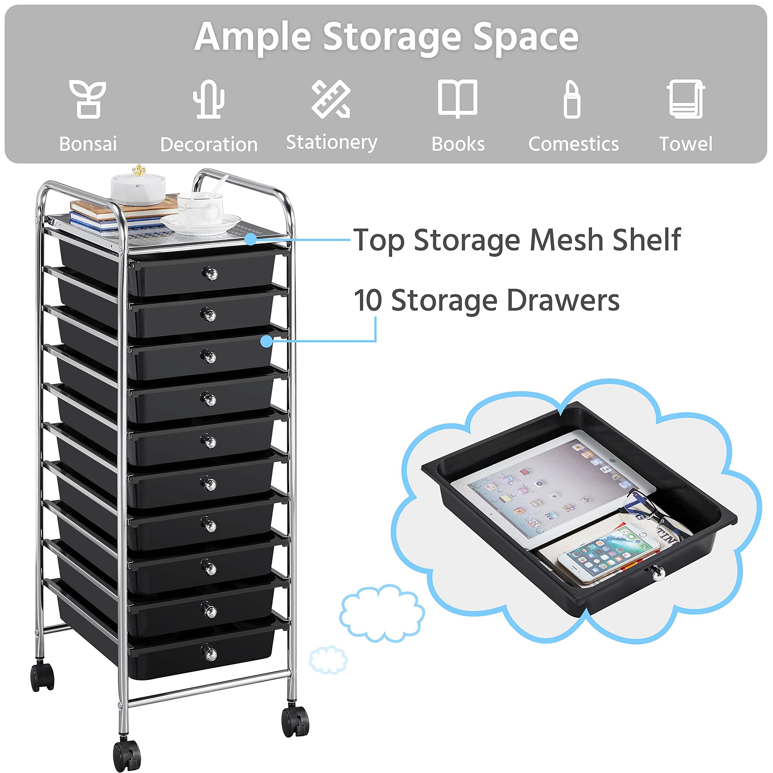 Yaheetech 10-Drawer Rolling Cart Organizer - Black | Art & Craft Storage for Home & Office