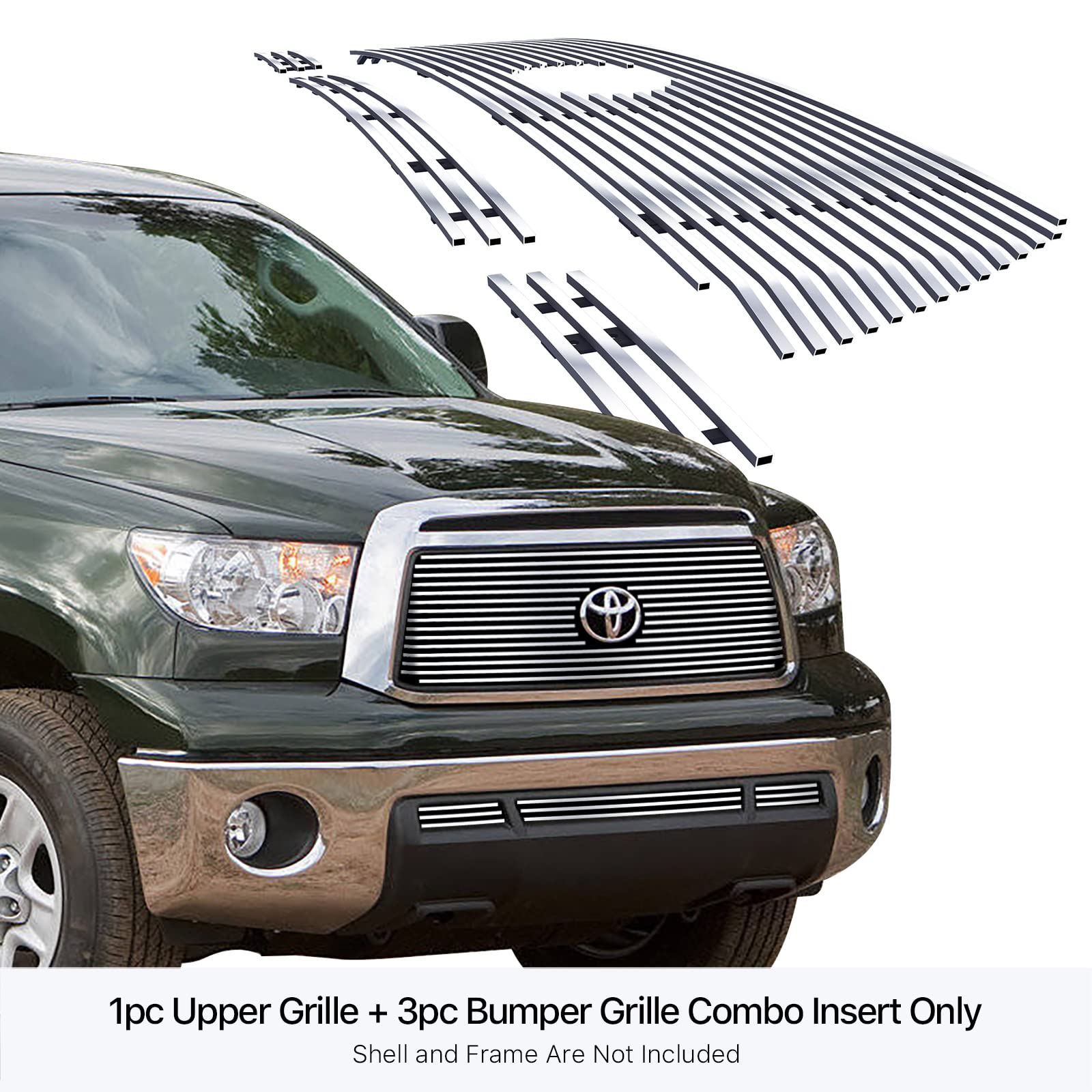 APS Compatible with Toyota Tundra 2010-2013 Main Upper Lower Bumper Stainless Steel Chrome Polished 8x6 Horizontal Billet Front Grill Grille Insert Combo T61008S - Upgrade Your Truck's Style for Off-Road Adventures & Car Shows