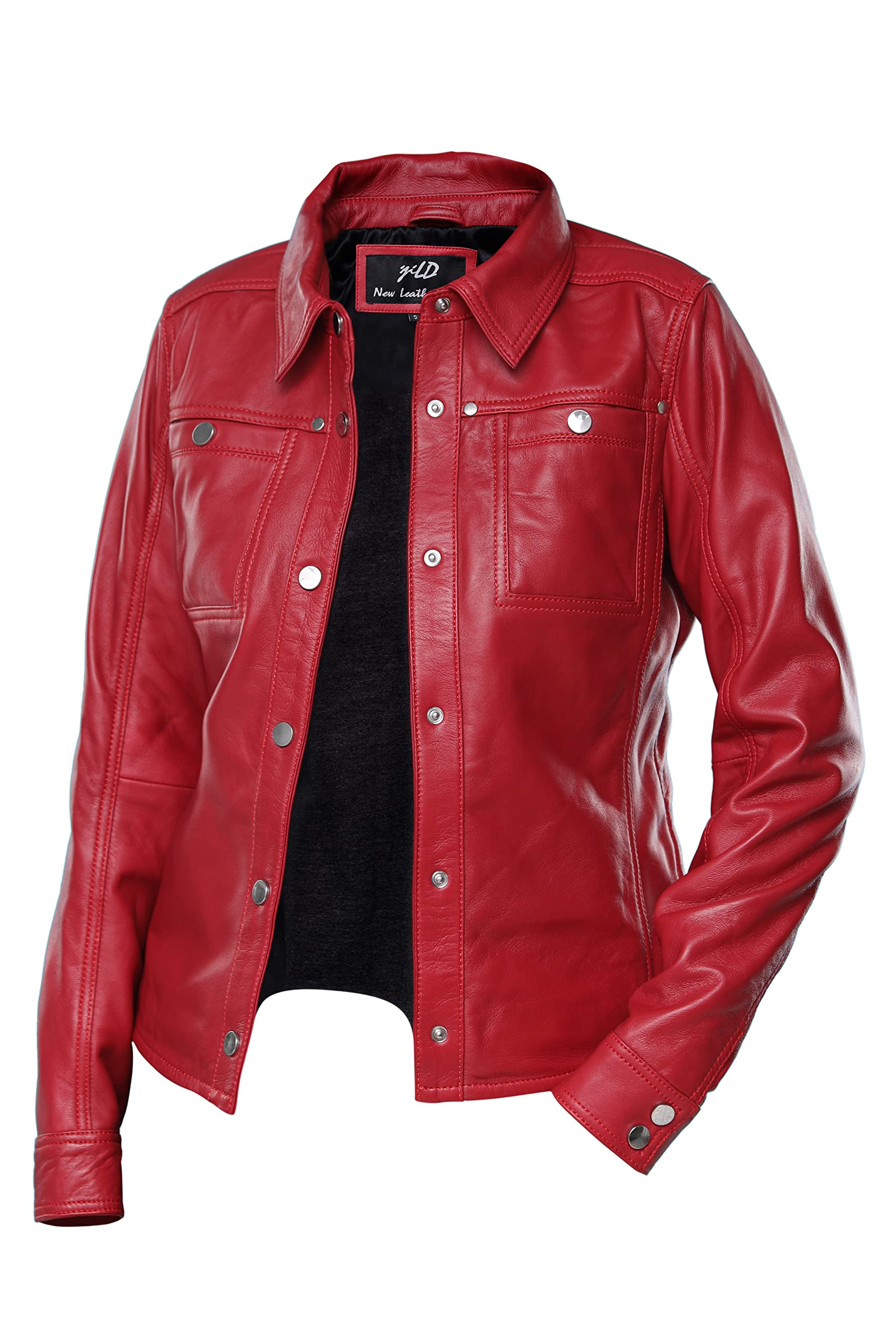 Jild Women's Button Front Lambskin Leather Jacket Shacket - Long Sleeve Casual Shirt Jacket with Bust Pocket | Perfect for Fall Layering, Date Nights & Office Wear