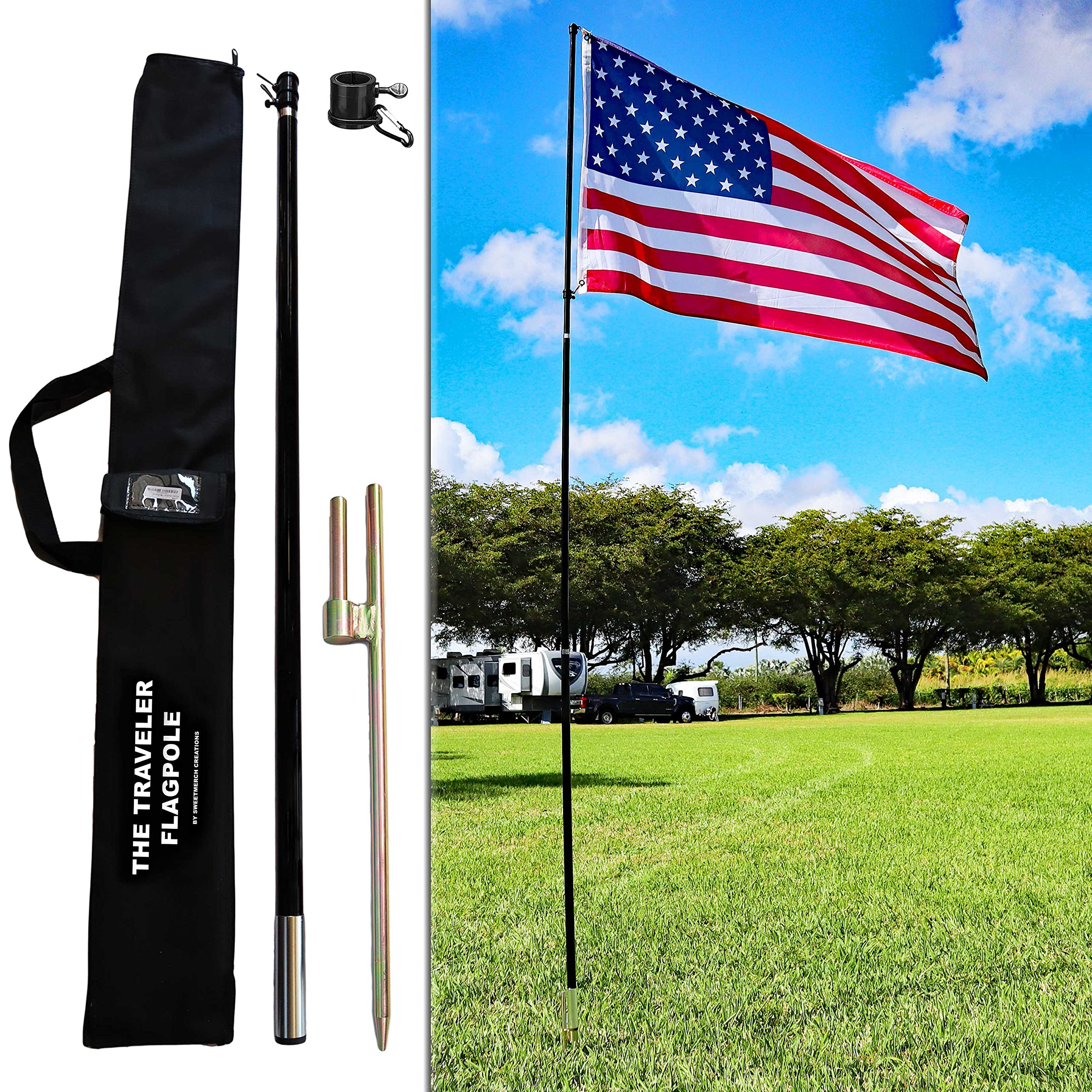 Portable Flag Pole Kit - 11ft Telescoping Fiberglass Pole with 1¼