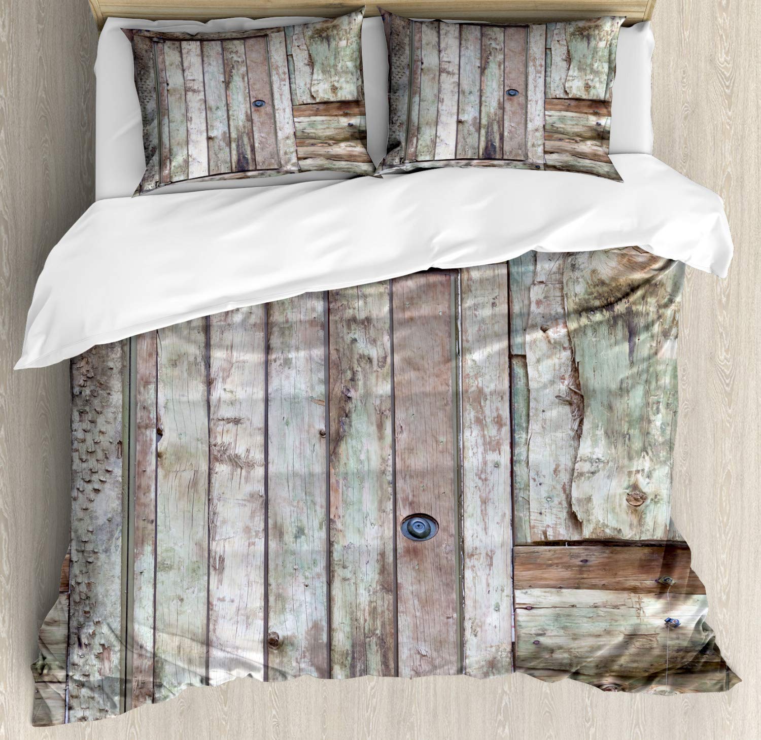 Ambesonne Rustic Duvet Cover Set - California King 3 Piece Bedding with 2 Pillow Shams | Old Barn Door Cottage Country Cabin Theme in Warm Taupe Cocoa | Perfect for Farmhouse, Rustic & Cabin Bedroom Decor