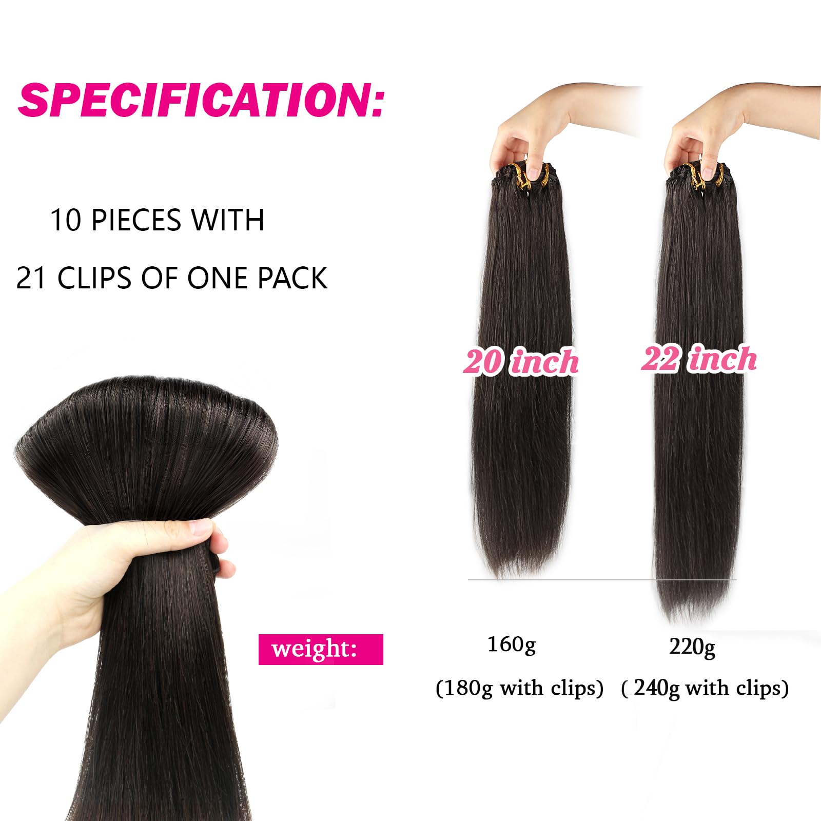 SixStarHair 22 Inch Black Clip In Hair Extensions - 240g Full Head Thick Natural Human Hair Wefts with 21 Clips (10 Pieces) - Easy to Install for Volume & Length - Perfect for Parties, Weddings & Daily Styling