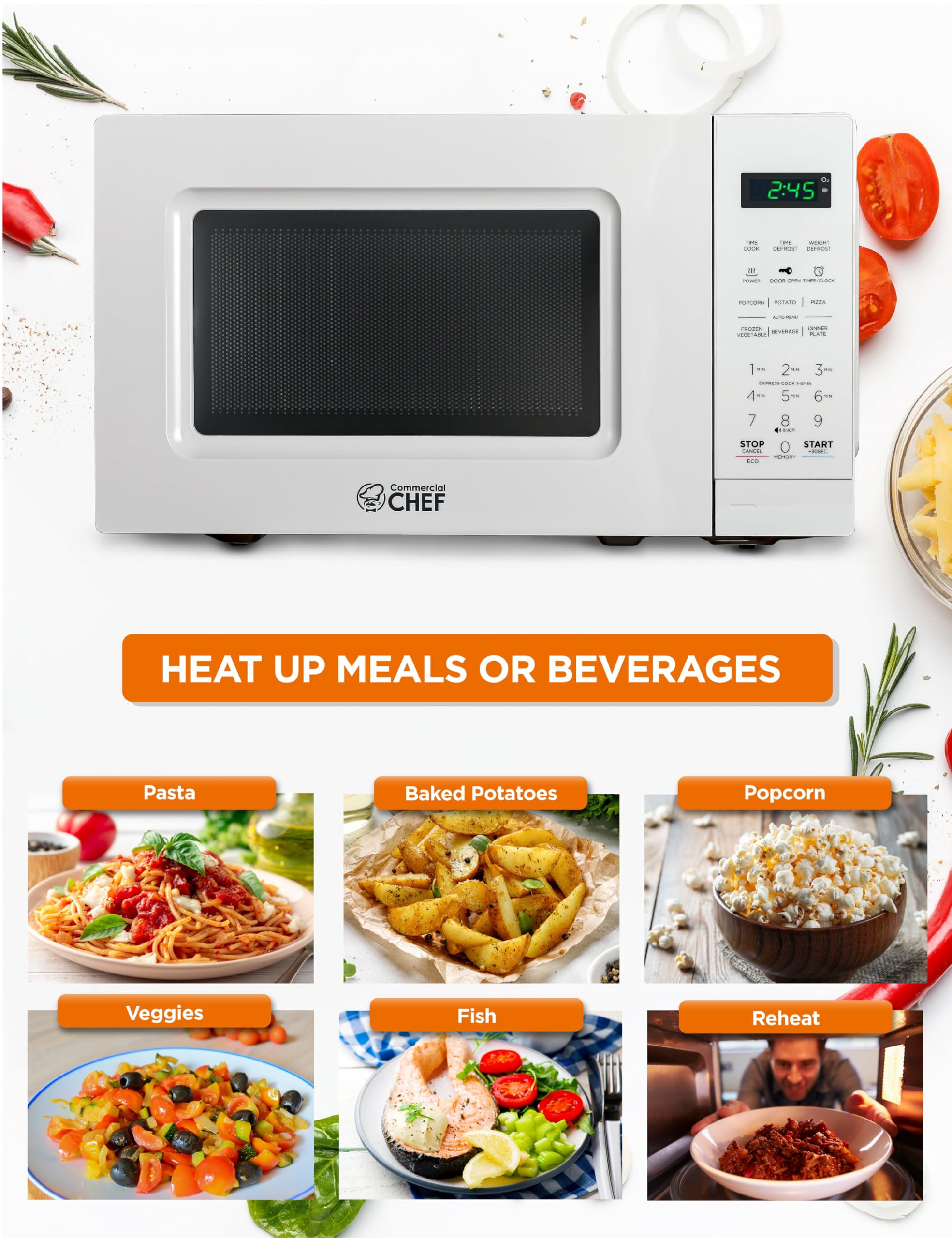 Commercial Chef 0.7 Cu Ft Countertop Microwave Oven - 700W with 10 Power Levels, Digital Display & Child Safety Lock - Perfect for Dorms, Offices & Small Kitchens - White