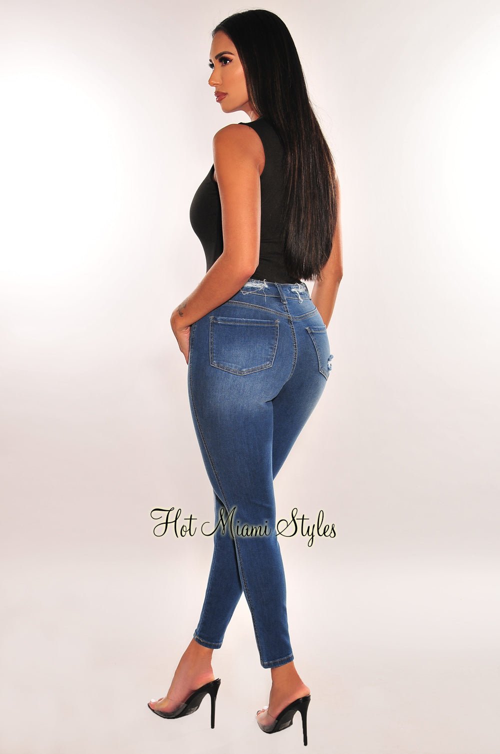 Stylish High Waist Ripped Skinny Jeans for Women - Trendy Dark Denim Stretch Pants - Perfect for Casual Outfits, Night Out & Streetwear Fashion