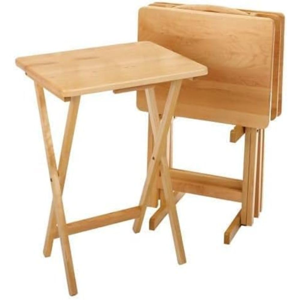 5-Piece Wooden Alex Snack Table Set - Folding TV Tray, Portable Laptop Stand, Compact Gaming Desk - Space Saving, Sturdy & Lightweight for Living Room, Bedroom, Office - Natural Finish - Perfect for Snacking, Working, Studying & Gaming