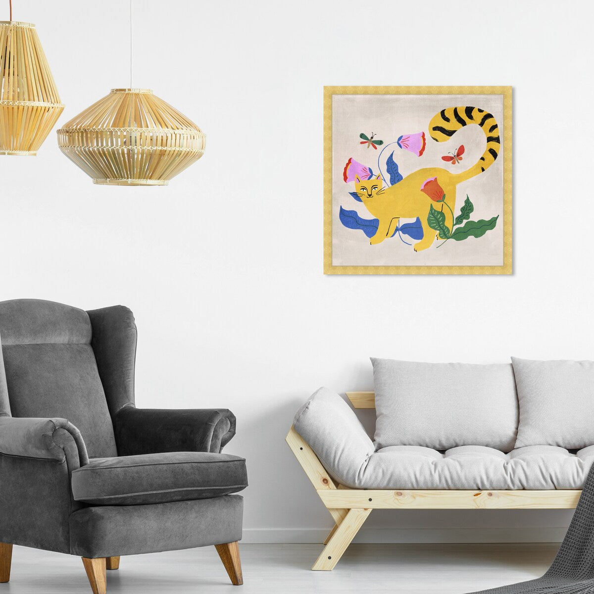 Blonde Tabby Floral Kitten Butterfly Garden Modern Yellow Framed Wall Art Print - Perfect for Bedroom, Nursery & Home Decor