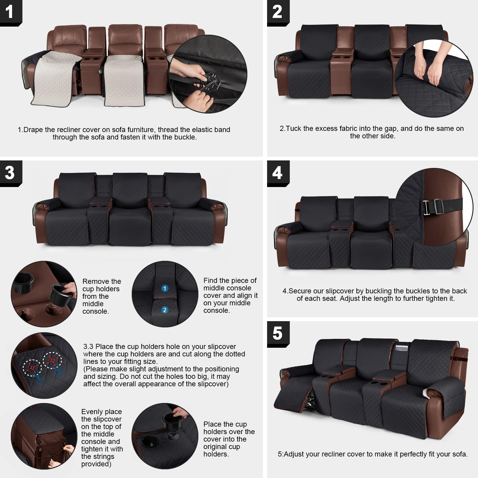 KinCam 100% Waterproof Recliner Sofa Cover with Console - Non-Slip 3-Seater Reclining Couch Cover - Elastic Straps Furniture Protector for Pets & Kids (Black) - Perfect for Living Room, Family Room & Pet-Friendly Homes