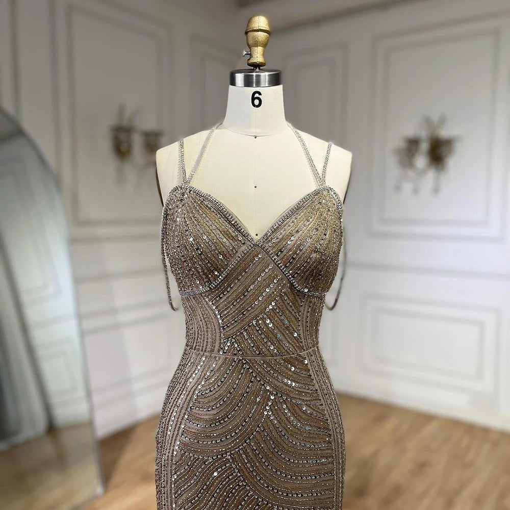 Luxury Beaded Spaghetti Strap Mermaid Evening Dress for Women - Dubai Caramel Bridal Gown for Wedding Party & Special Occasions | Serene Hill LA72501 | Perfect for Red Carpet, Prom & Formal Events