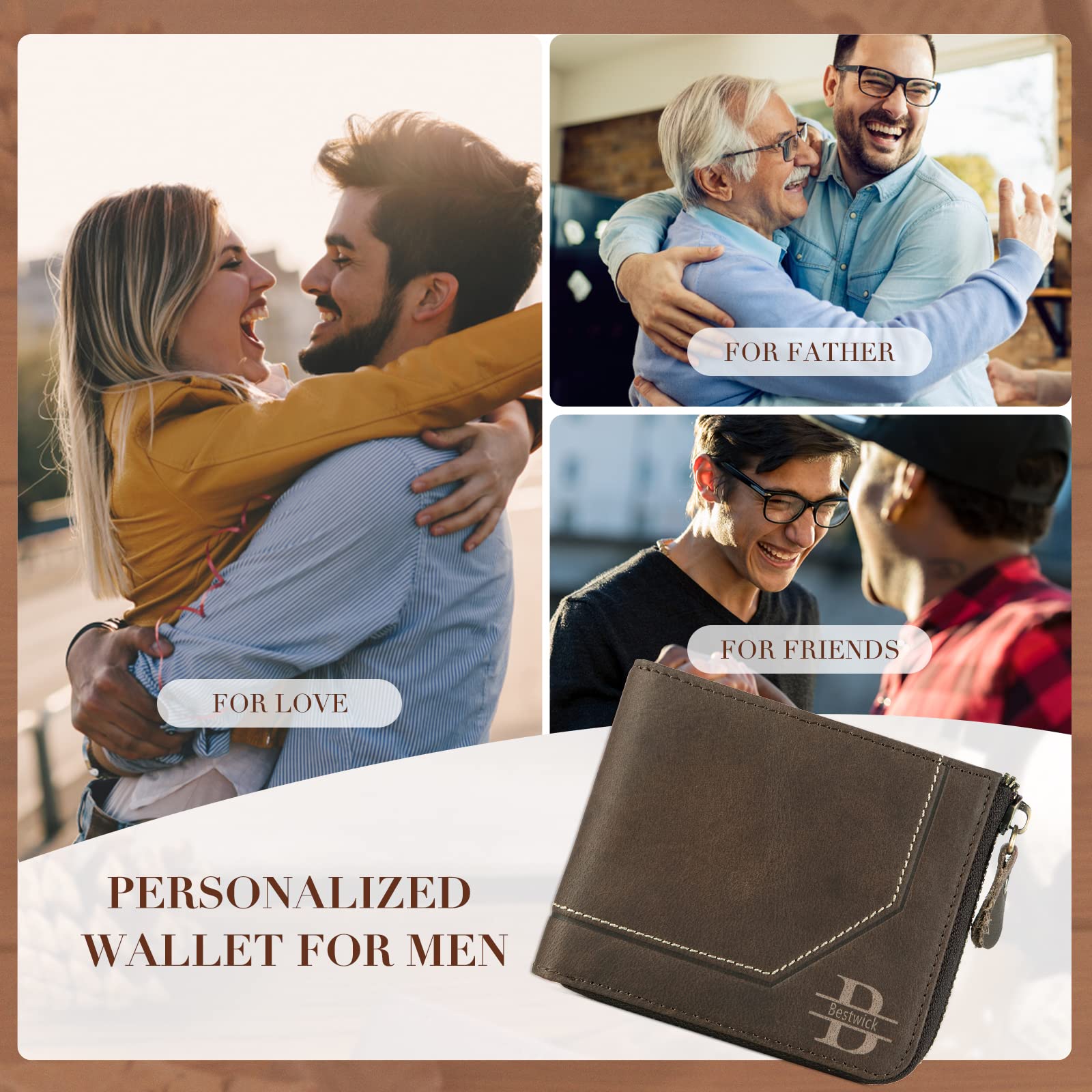 Personalized Leather RFID Blocking Bifold Wallet for Men - Custom Name Text, Large Capacity Credit Card Holder, Anti-Theft Zipper Wallet, Vintage Cowboy Style - Perfect Father's Day Gift & Everyday Carry Essential