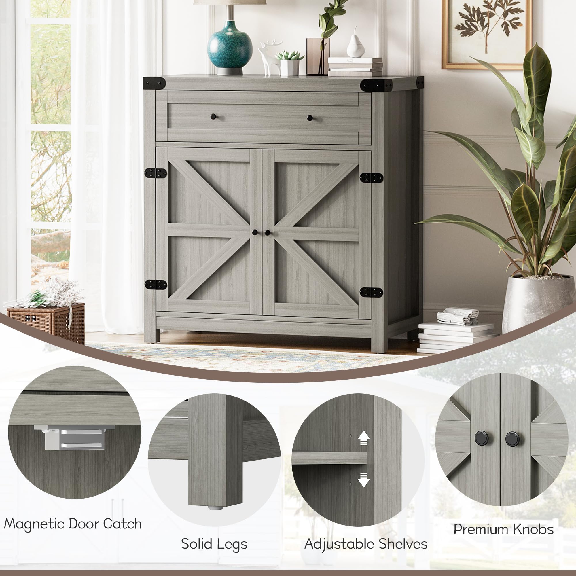 Farmhouse Style Sideboard Buffet Cabinet with Storage - 1 Drawer & 2 Barn Doors, Rustic Coffee Bar Console Table for Kitchen, Dining Room, Entryway - Perfect for Home Organization & Entertaining (Grey)