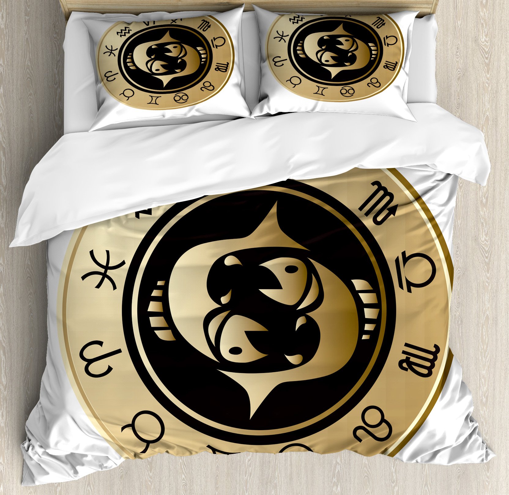 Lunarable Zodiac Pisces Duvet Cover Set - Horoscope Design with Monochrome Fish Pattern, Minimalist 3-Piece Bedding Set Includes 2 Pillow Shams, Queen Size in Sand Brown & Black | Perfect for Astrology Lovers, Bedroom Decor, and Gift Ideas