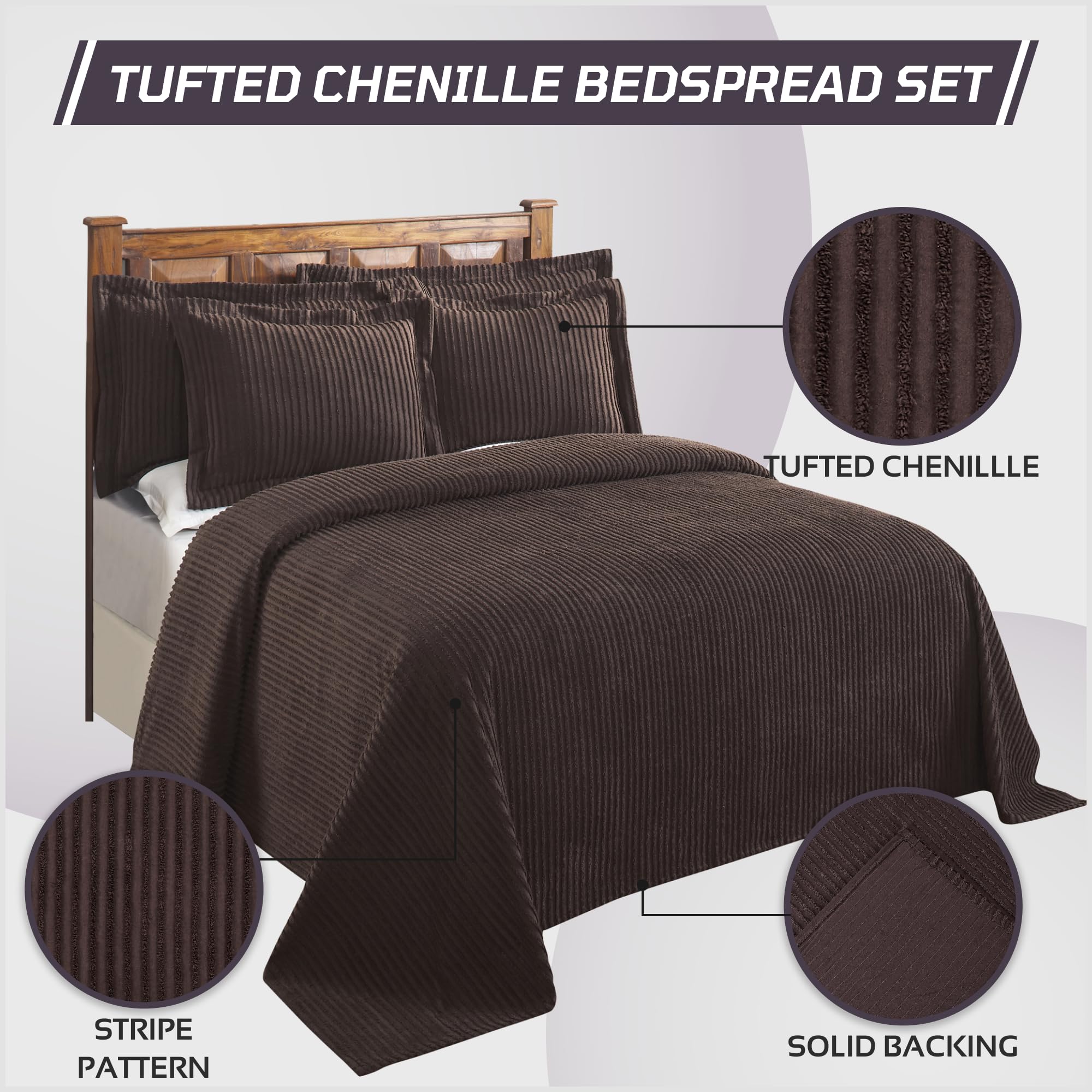 Better Trends Chocolate King Bedspread Set - 100% Cotton Tufted Classic Stripe Coverlet | Soft & Cozy All-Season Bedding | Machine Washable 3-Piece Set | Jullian Collection | Perfect for Master Bedrooms, Guest Rooms & Cozy Home Decor