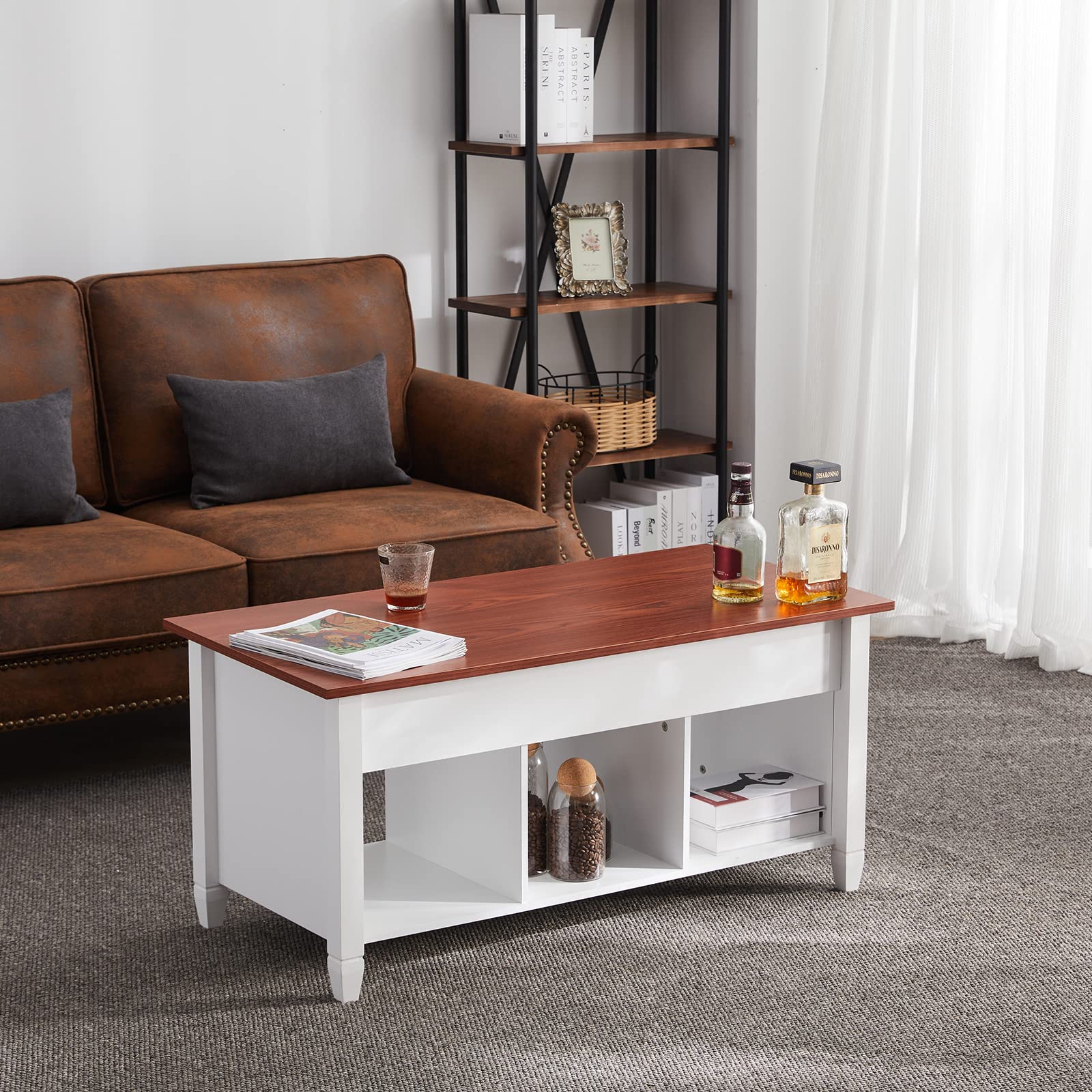 Lift Top Coffee Table with Hidden Storage Cabinet & Open Shelf - Modern Sofa Side Table for Living Room, Home Office (White & Coffee) - Perfect for Small Spaces, TV Stand, or Extra Seating