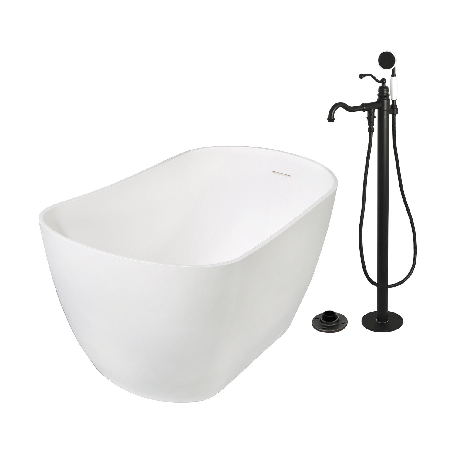 Arcticstone 51 Inch Freestanding Oval Bathtub with Matte Black Faucet Combo - Solid Surface Slipper Tub for Luxury Bathroom & Spa Relaxation