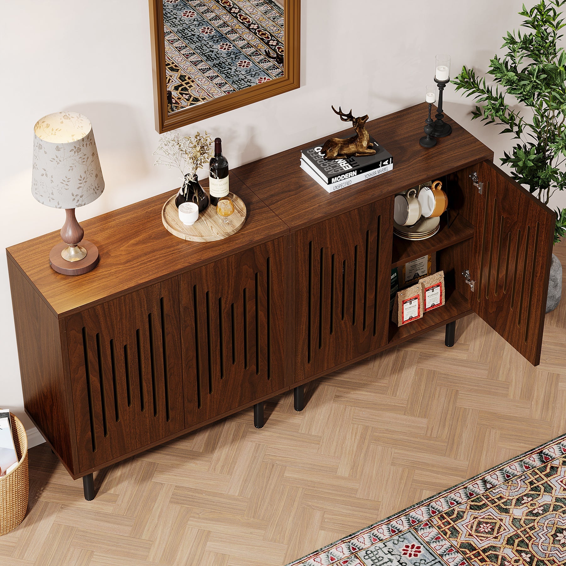 Modern Sideboard Buffet Cabinet Set of 2 - Adjustable Shelves Storage Furniture for Dining Room, Living Room & Entryway Organization