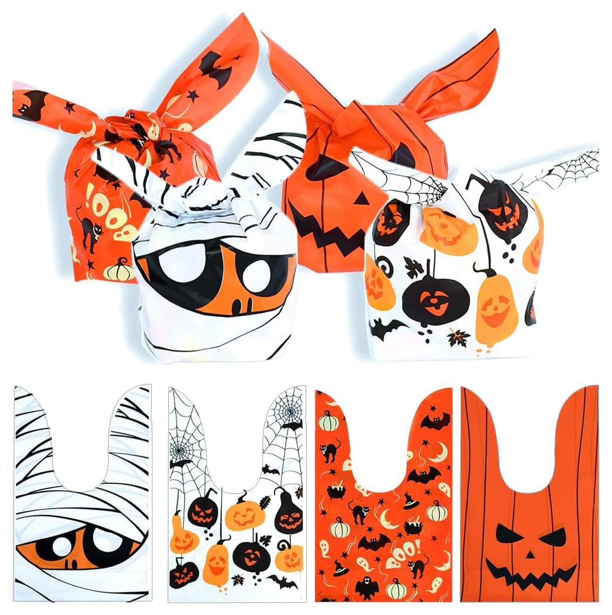 KOCOVIMI 100Pcs Halloween Trick or Treat Bags - 4 Style Cute Rabbit Ear Candy Bags for Kids Party Favors | Durable Halloween Goodie Bags for Trick-or-Treating, School Events & Halloween Parties