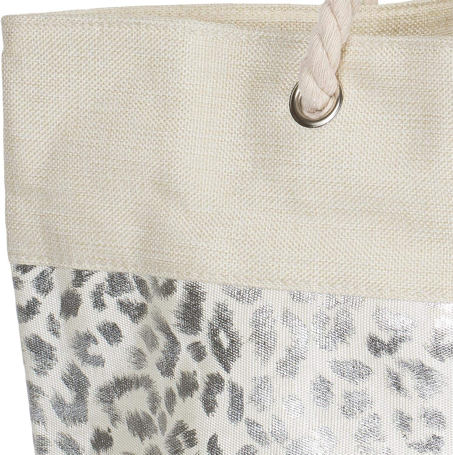 styleBREAKER Women's XXL Beach Bag with Metallic Leopard Print & Zipper Closure - Fashionable Shoulder Tote for Shopping, Travel & Poolside Essentials