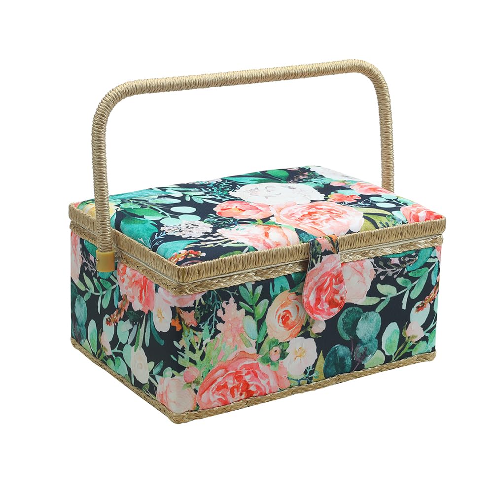 Large Sewing Basket Organizer with Complete Sewing Kit Tools - Green Floral Pattern Storage Box for Needlework, Quilting & Craft Supplies | Perfect for Home, Travel & DIY Projects