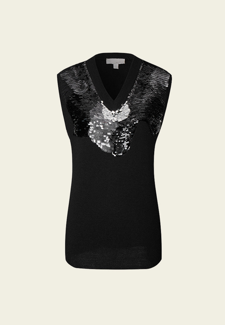 Elegant Black Sequin Wool Knit Vest for Women - Fashionable Winter Layering Piece for Parties, Office & Holiday Outfits