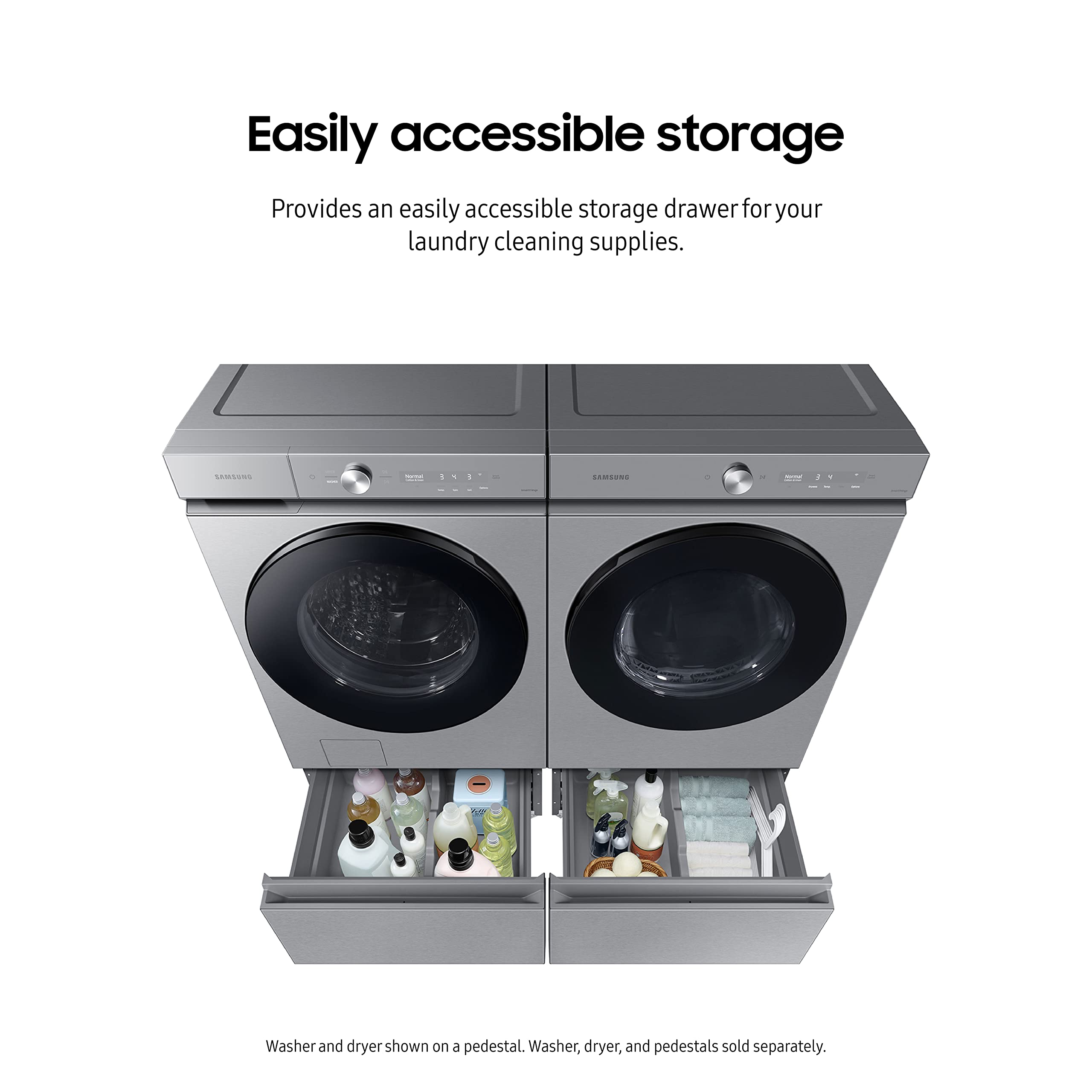 Samsung 27-Inch Bespoke Front Load Washer Dryer Pedestal Stand with Pull-Out Laundry Storage Drawer | WE502NT | Silver Steel | Space-Saving Laundry Room Organizer for Compact Homes & Apartments