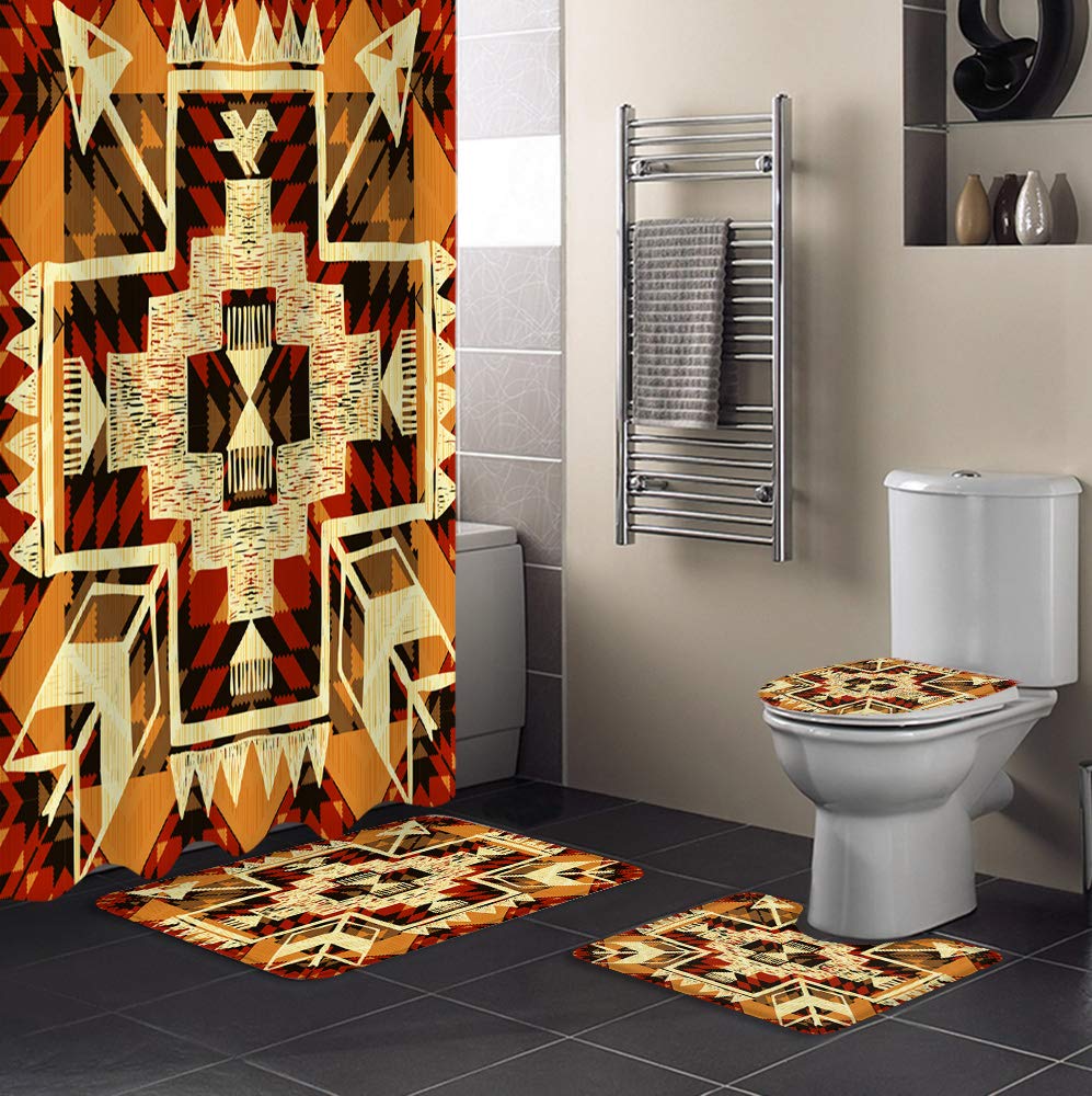 YEHO Native American Arrow Bathroom Set - 4 Piece Non-Slip Bath Rug, Shower Curtain with Hooks, Toilet Lid Cover & Bath Mat (66