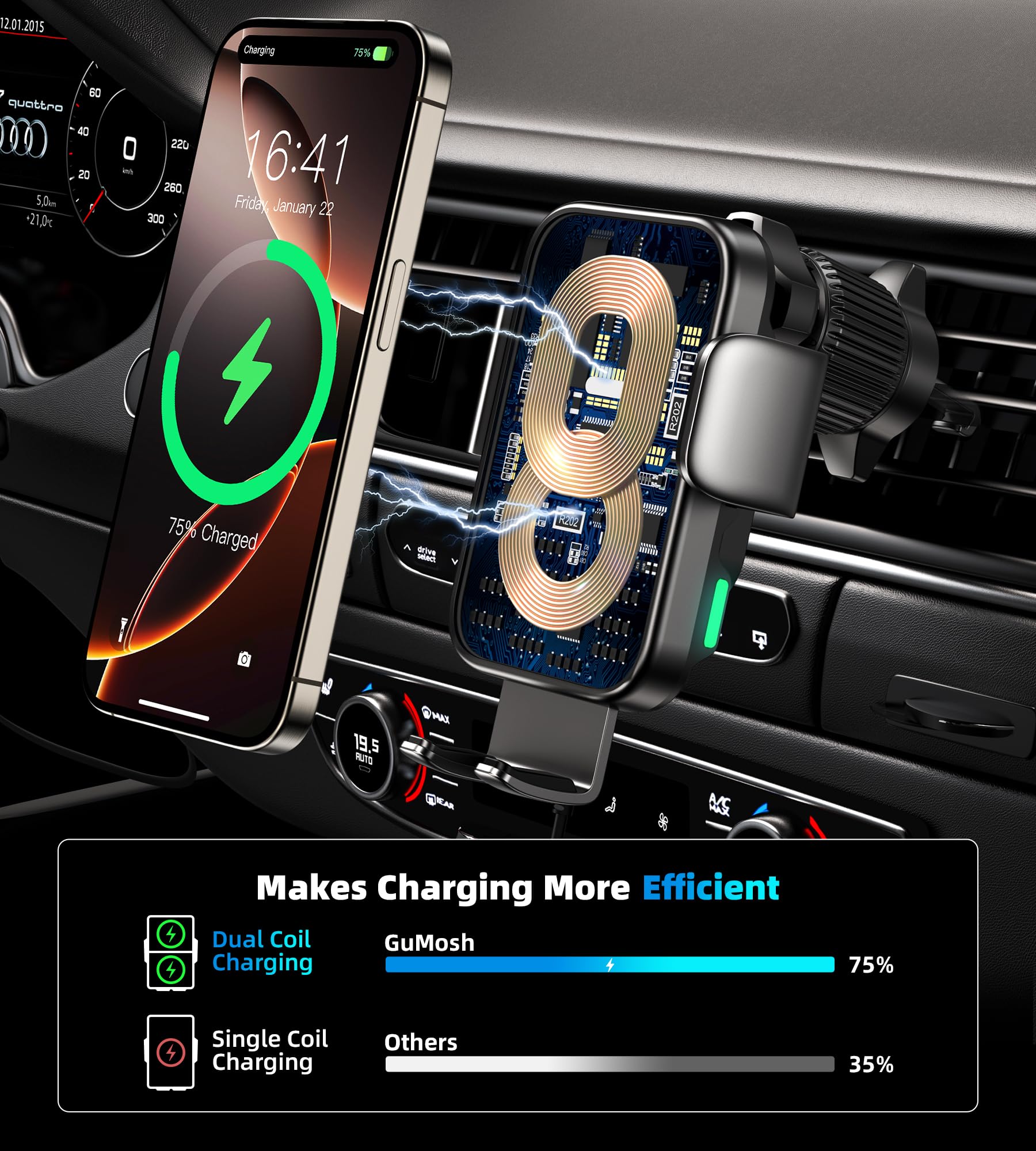 15W Dual Coil Wireless Car Cup Holder Phone Charger - Auto-Clamping Fast Charging Vent Mount with 360° Rotation for iPhone 15/14/13 & Samsung Galaxy S25/S24/S23 - Perfect for Road Trips & Commuting