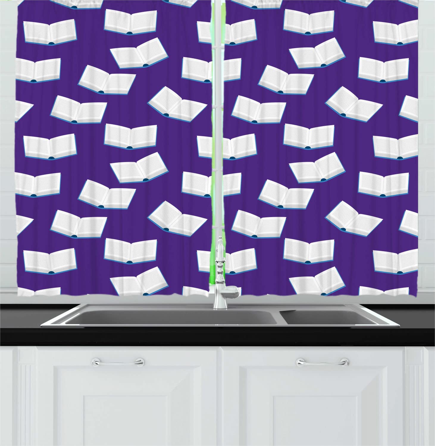 Ambesonne Books Themed Kitchen Curtains - Open Books Scattered Library Design, 2 Panel Rod Pocket Drapes for Home Decor, 55 x 45 Inches, Indigo White & Blue - Perfect for Reading Nooks, Study Rooms & Book Lover Gifts