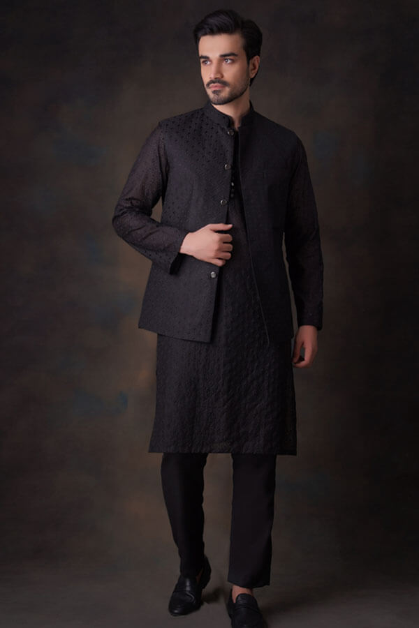 Jet Black Diamond Embroidered Cotton Sheer Kurta and Waistcoat Set for Women - Elegant Traditional Indian Outfit for Festivals, Weddings & Special Occasions