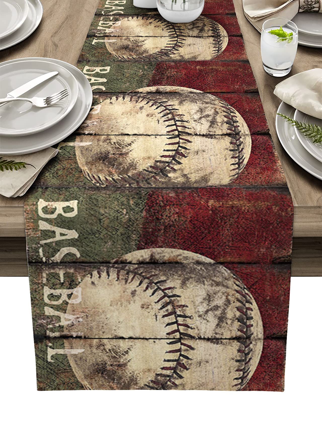 Vintage Baseball Table Runner - 13x72 Inch Retro Wooden Board Design Dining Table Scarf for Kitchen, Wedding, Party, Holiday & Outdoor Decor - Perfect for Farmhouse, Rustic & Sports Themed Events