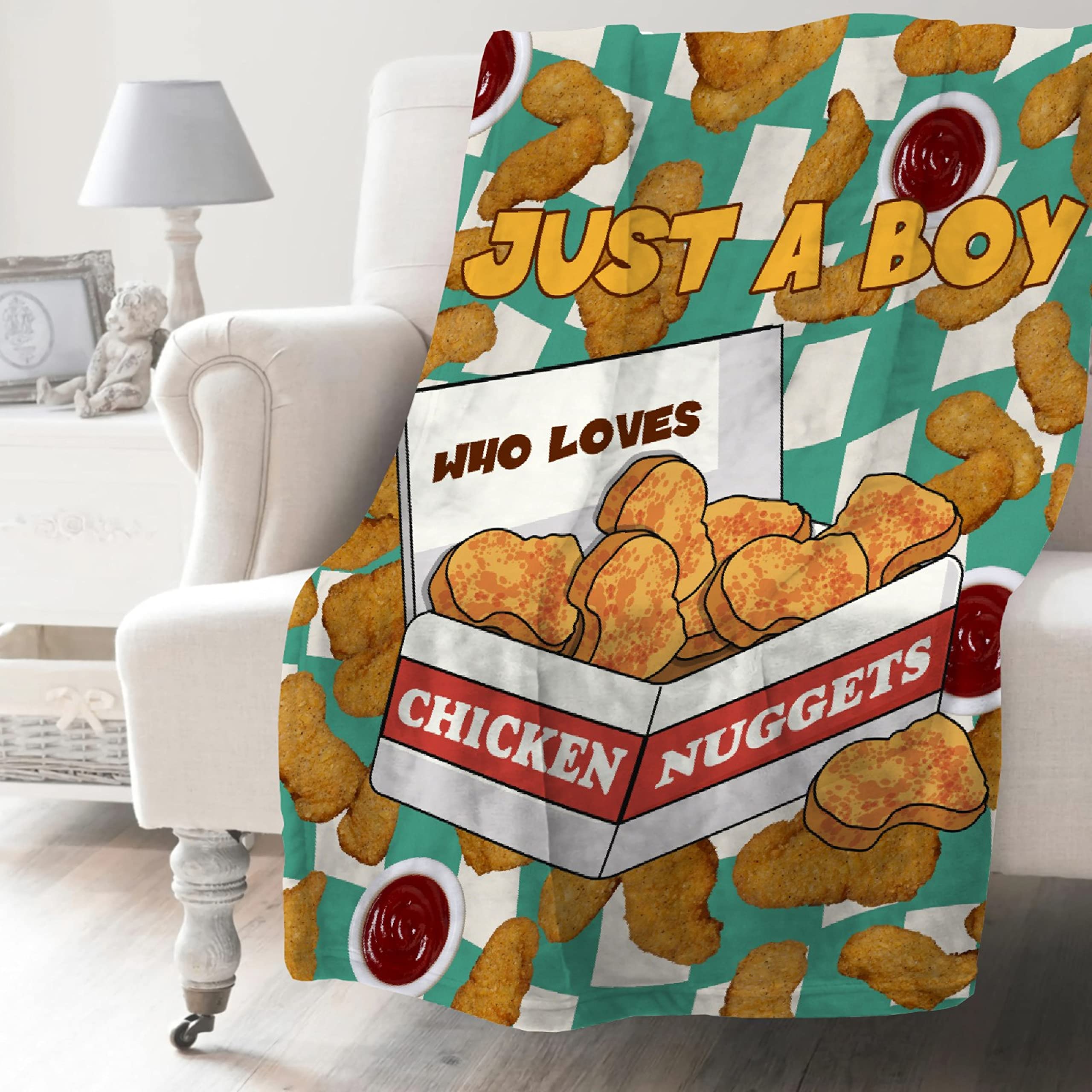 Funny Cartoon Chicken Nuggets Plaid Fleece Blanket - Super Soft Green Flannel Throw for Bed, Couch & Picnic - 120x90 Inch Oversized Comforter Gift for Boys & Nugget Lovers | Perfect for Cozy Nights, Movie Time & Outdoor Adventures