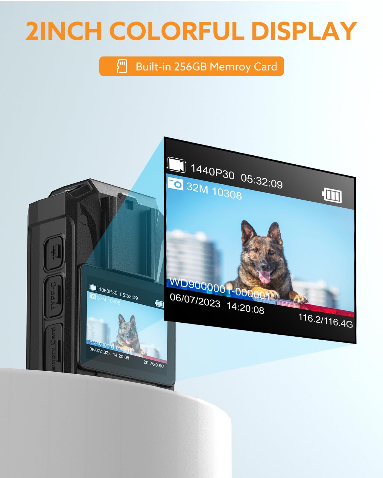WD9 2K Body Worn Camera with 256GB Storage & GPS | 16-Hour Battery Life (3500mAh) | Waterproof Police Camera with LED Light & Remote Control | Perfect for Law Enforcement, Security Guards & Outdoor Activities