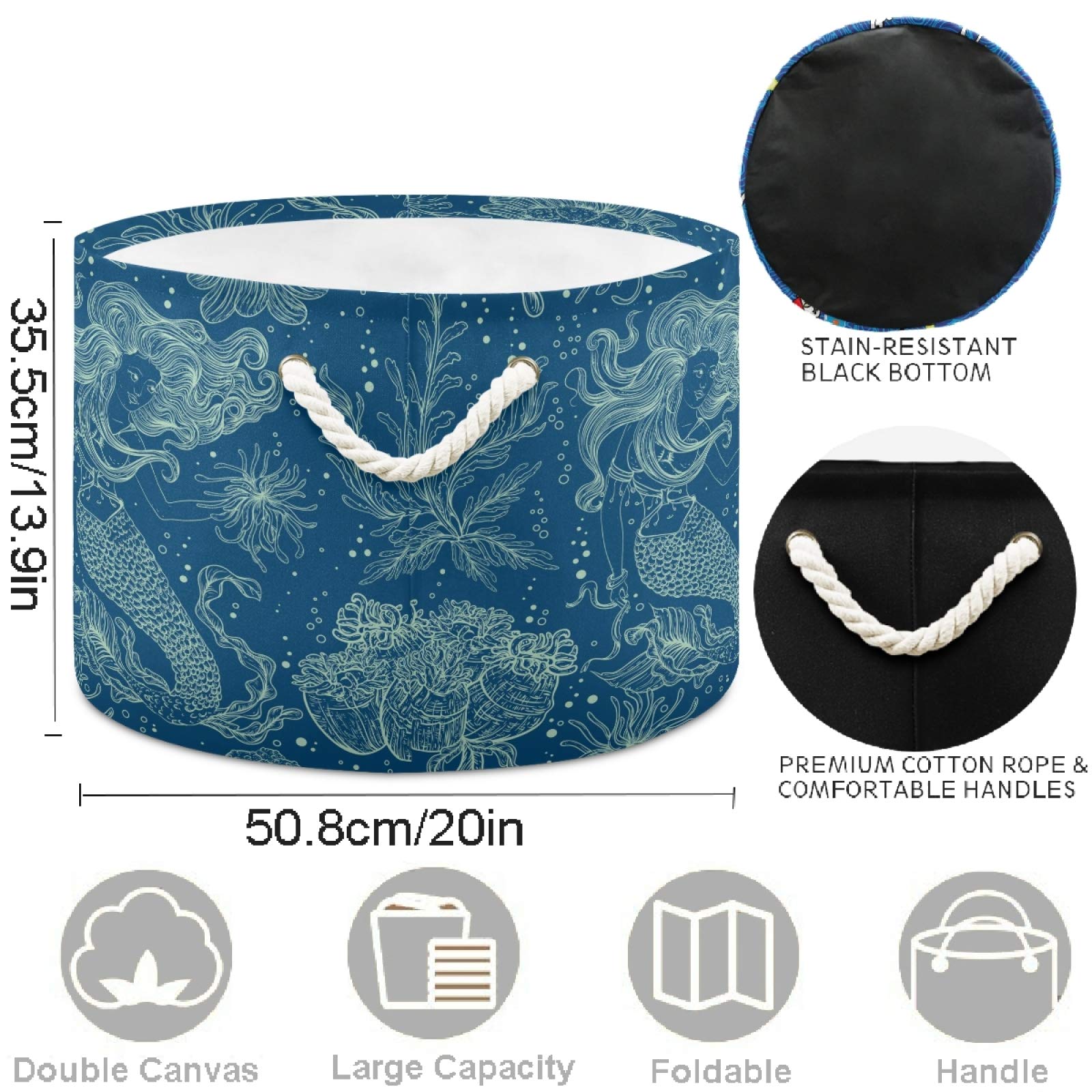 Visesunny Collapsible Large Capacity Storage Basket - Mermaid Fish Toy & Clothes Hamper with Durable Cotton Handles - Perfect for Bathroom, Bedroom, Nursery, Laundry & Closet Organization - Ideal for Kids' Room Decor, Beach Toy Storage & Home Organization Solutions