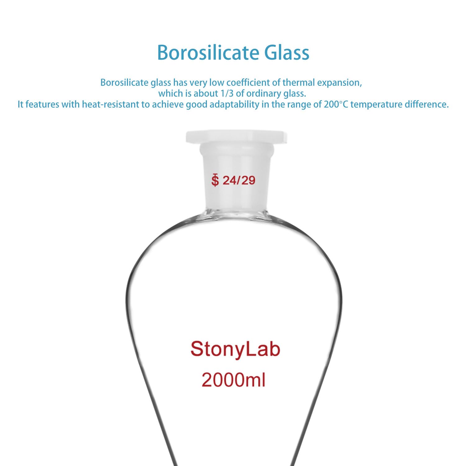 Premium 2000ml Borosilicate Glass Separatory Funnel with Glass Stopcock Valve & 24/29 Joint - Ideal for Chemistry Labs, Essential Oil Extraction, and Liquid Separation Experiments