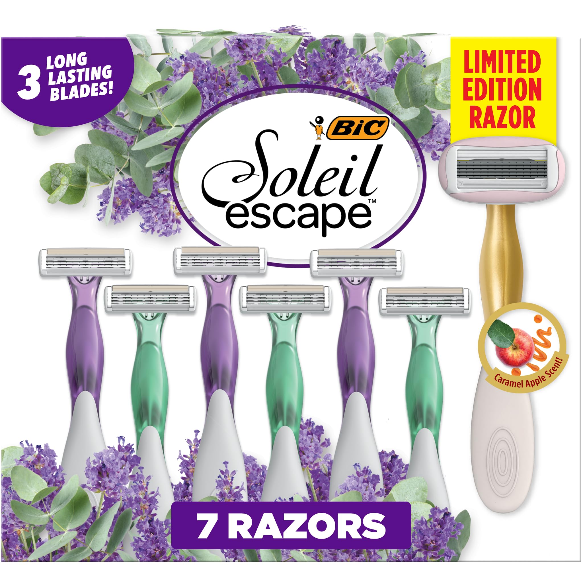 BIC Soleil Escape Women's Disposable Razor 3-Blade Set with Moisture Strip - Almond Oil, Lavender & Eucalyptus Scented Handles - 8 Razors + Bonus Caramel Apple - Smooth Shaving for Legs, Underarms & Bikini Line