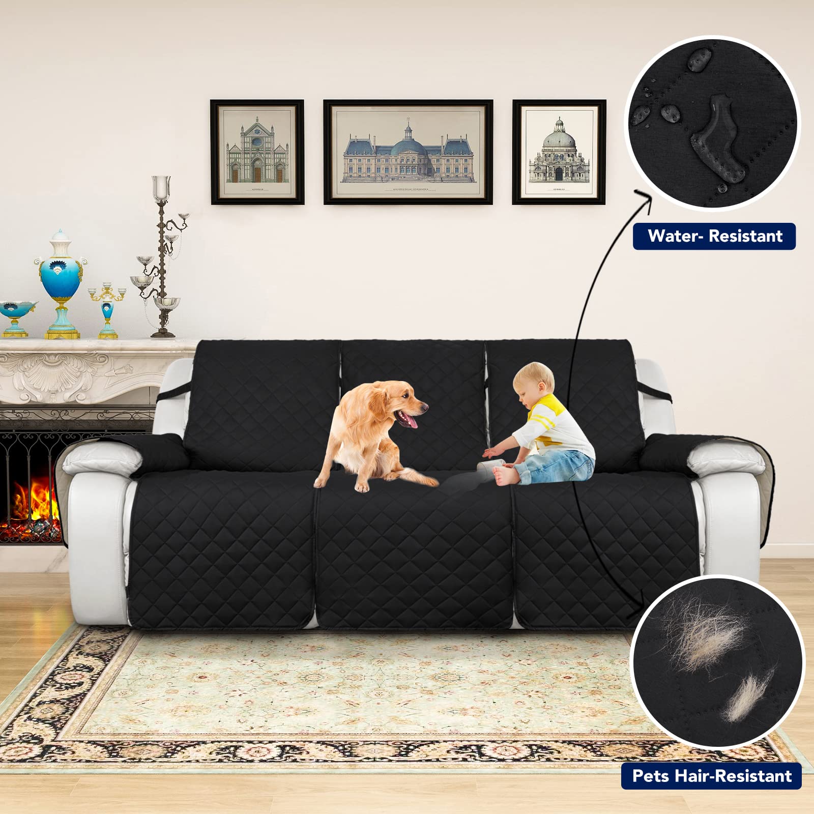PureFit Water Resistant Reversible Sofa Cover for 3-Seat Reclining Couch - Non Slip Split Recliner Couch Protector | Washable Furniture Cover for Pets & Kids | Perfect for Living Room, Family Room & Home Theater (Black/Beige)