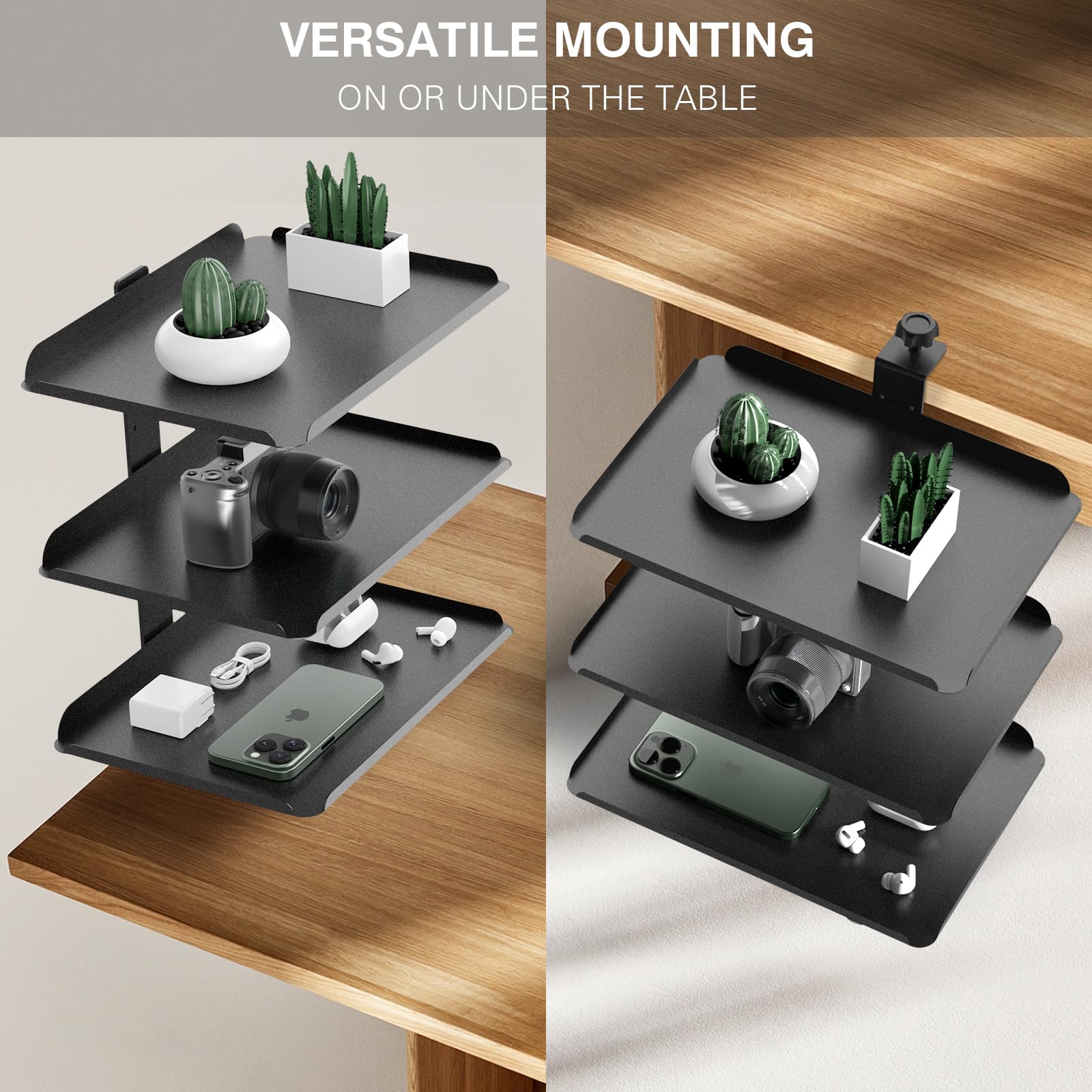 3-Tier Adjustable Metal Desk Organizer Shelf - Clamp-On Storage Tray & Headphone Stand for Office & Home (Black) | No Drilling Required | Perfect for Workspace Organization, Under Desk Storage & Gaming Setup Accessories