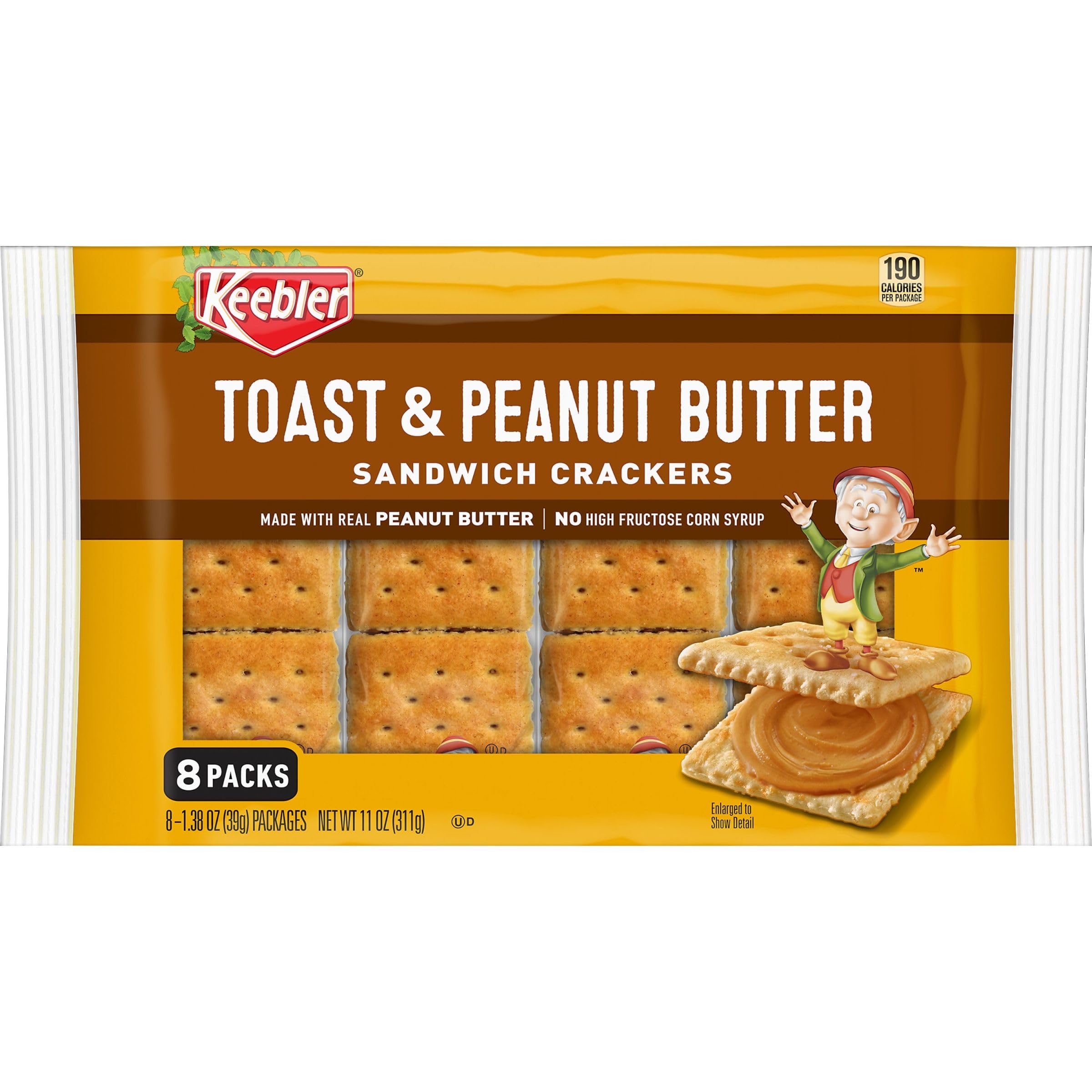 Keebler Sandwich Crackers - Single Serve Snack Crackers with Toast & Peanut Butter - 11oz Tray (8 Packs) - Perfect for School Lunches, Office Snacks & On-the-Go Treats